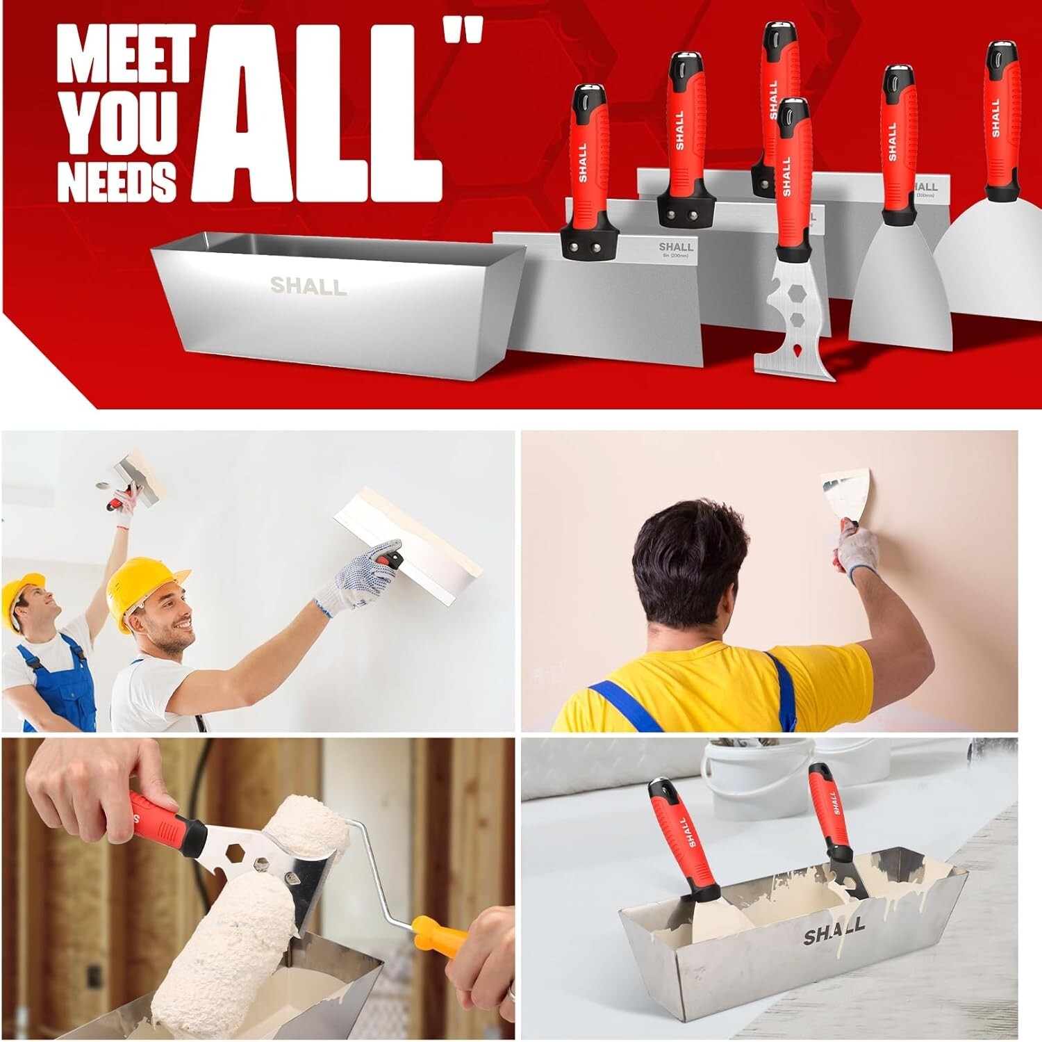 SHALL Drywall Knife Set, 7 Pcs Stainless Steel Drywall Hand Tool Kit