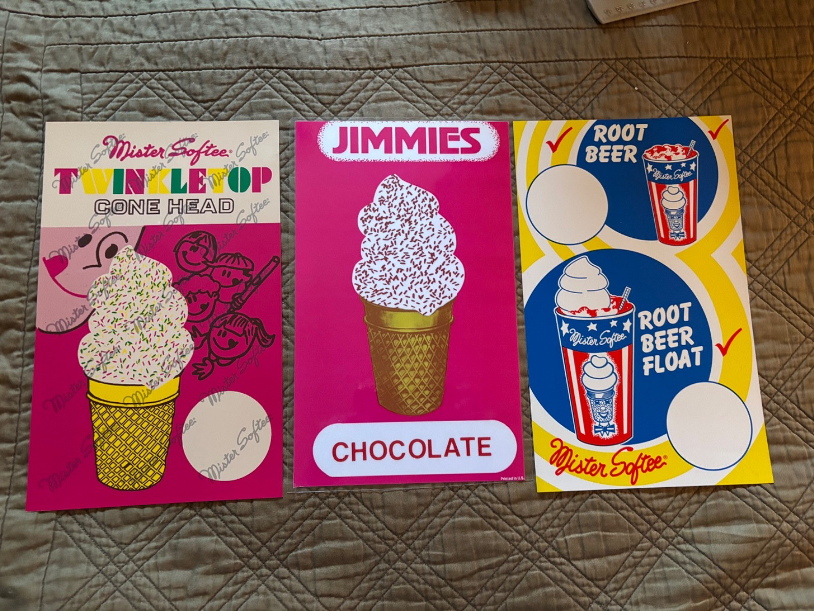11” Mr. Softee Ice Cream Signs lot of 3 TwinkleTop Cone Head, Root Beer, Jimmies