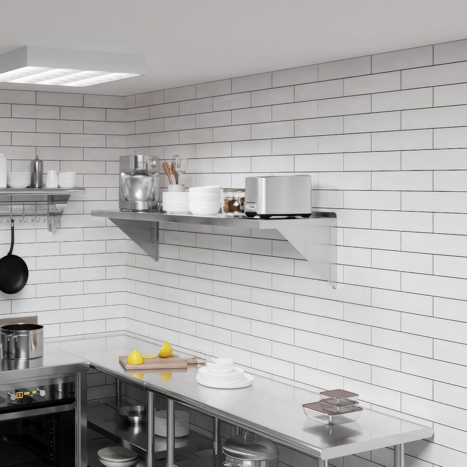 Heavy-Duty Stainless Steel Wall Shelf - Square Edge Metal Kitchen Shelving