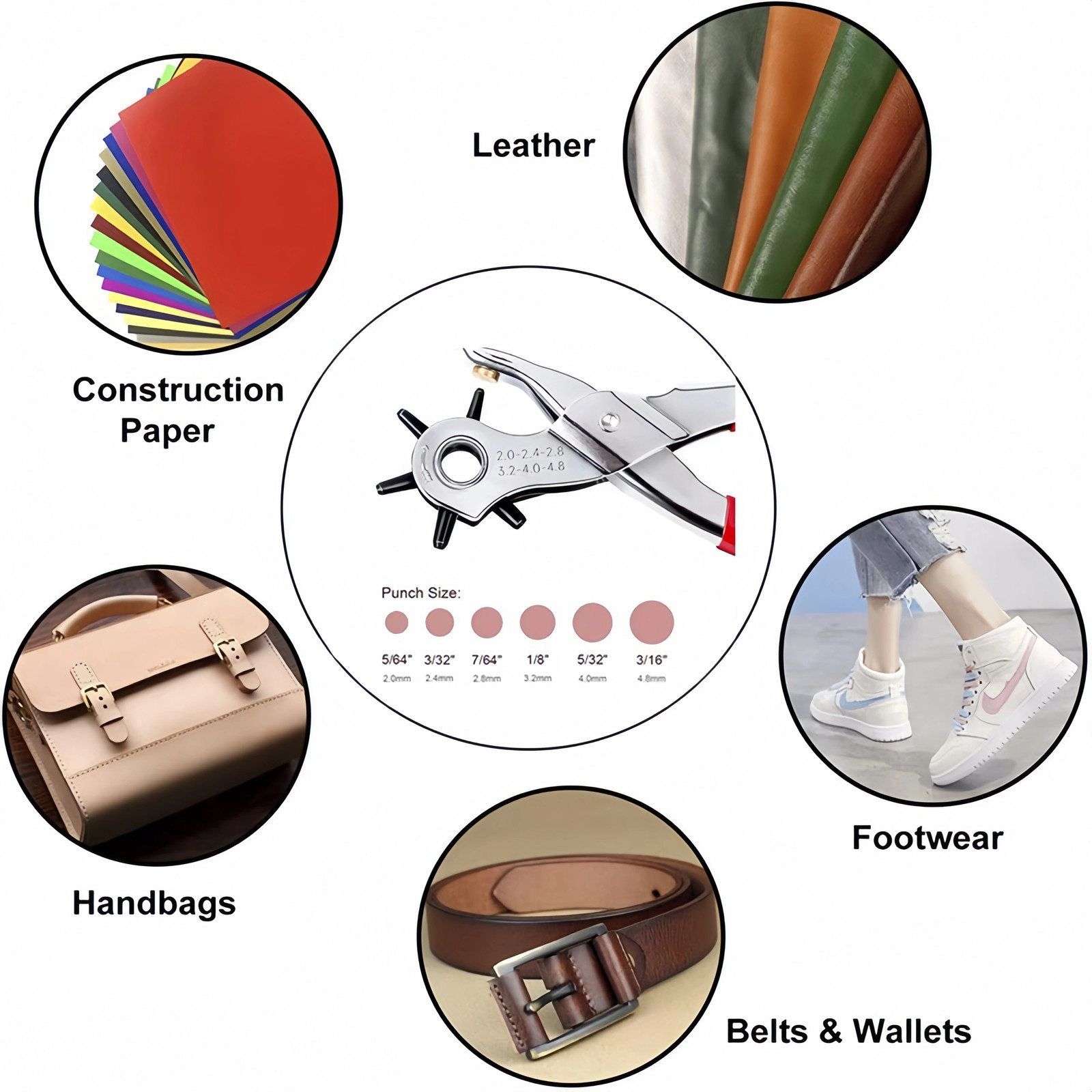 9" Leather Hole Punch Hand Pliers Belt Holes 6 Sized Puncher Heavy Duty Tool New