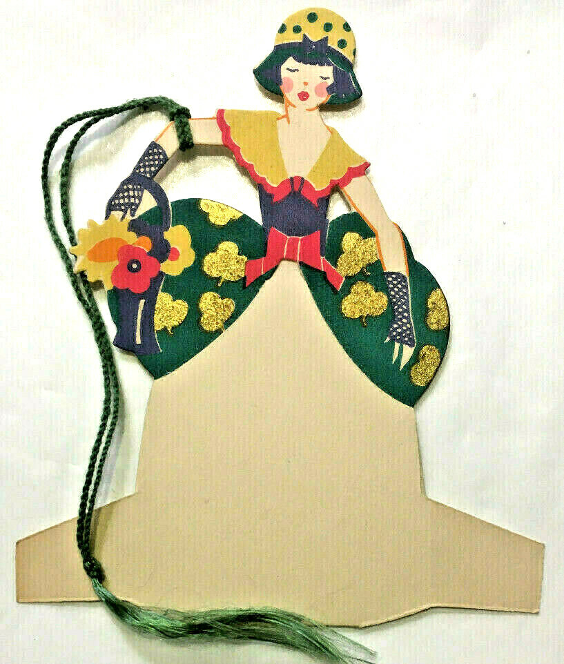 Unused Vintage Art Deco Bridge Name Card Irish Green Gold Clover Floral