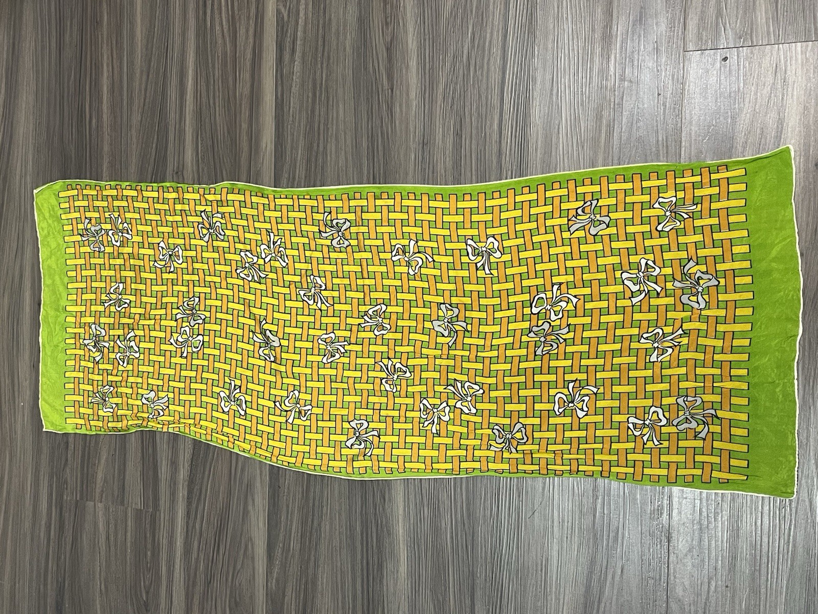 Vintage Unbranded Rectangle Woven Basket Pattern Bows Green Yellow Orange Scarf