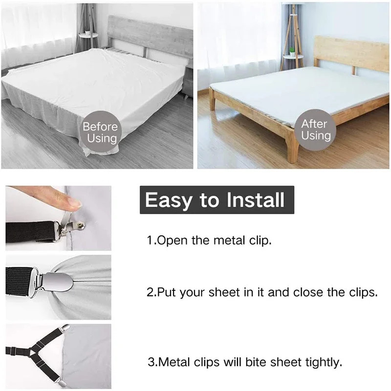 4Bed Sheet Fasteners Adjustable Elastic Suspenders Straps Mattress Covers Clips