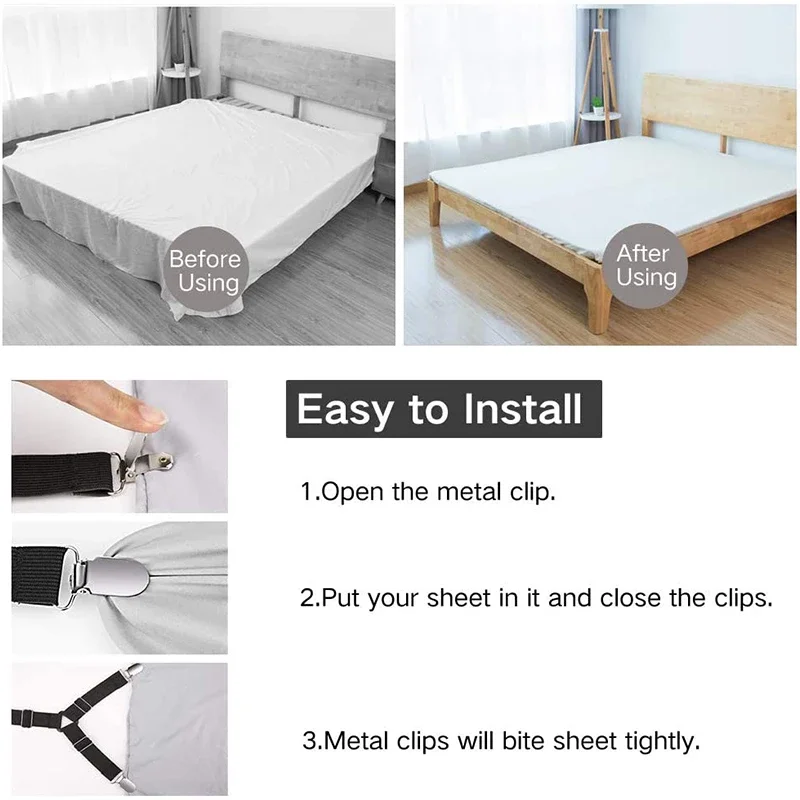 4Bed Sheet Fasteners Adjustable Elastic Suspenders Straps Mattress Covers Clips