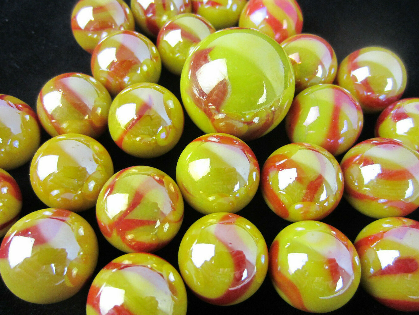 25 Glass Marbles SUN Fire RED/YELLOW Opal iridescent Shooter game style Swirl