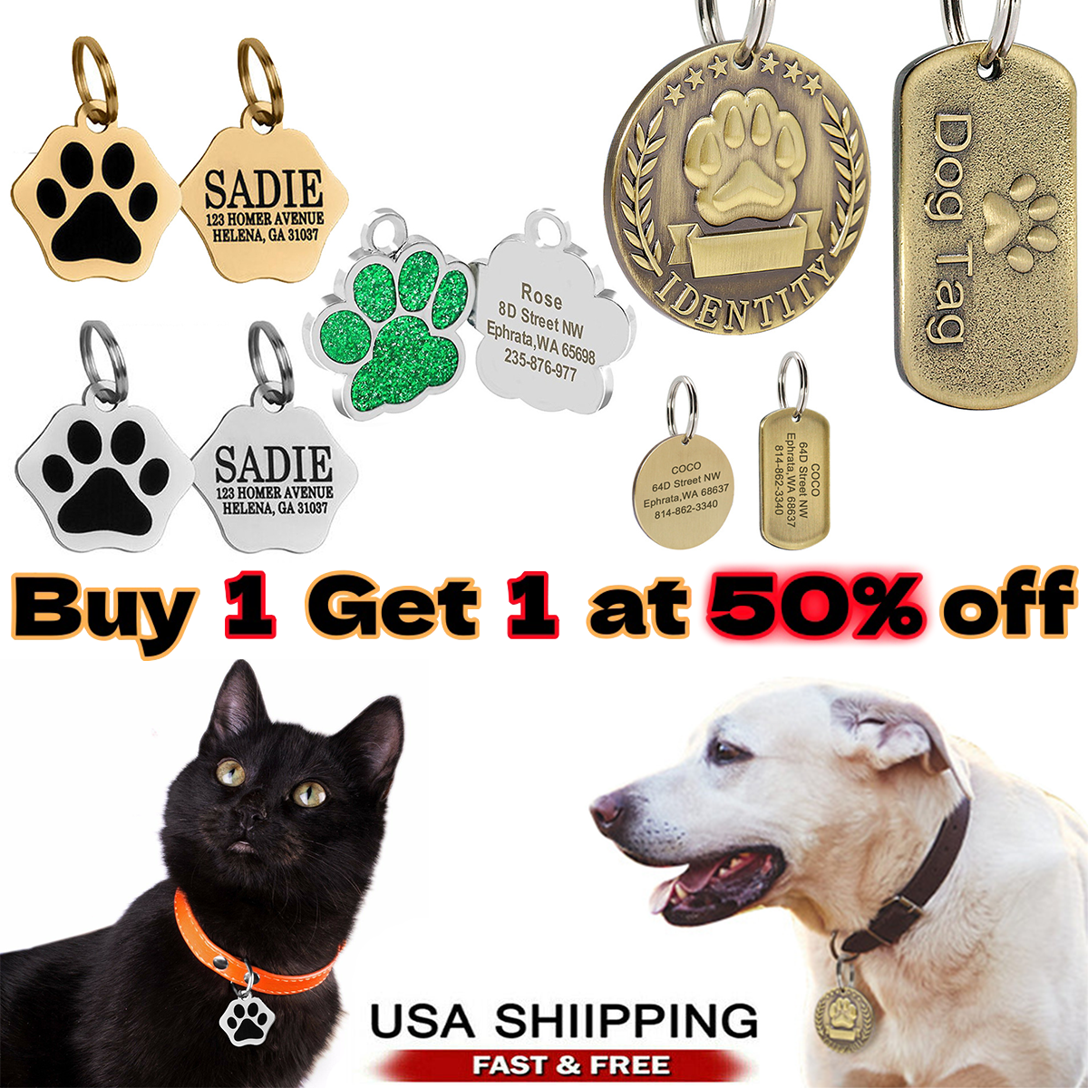Pet ID Tag Custom Engraved Personalized Dog Cat Name Tages Double Side