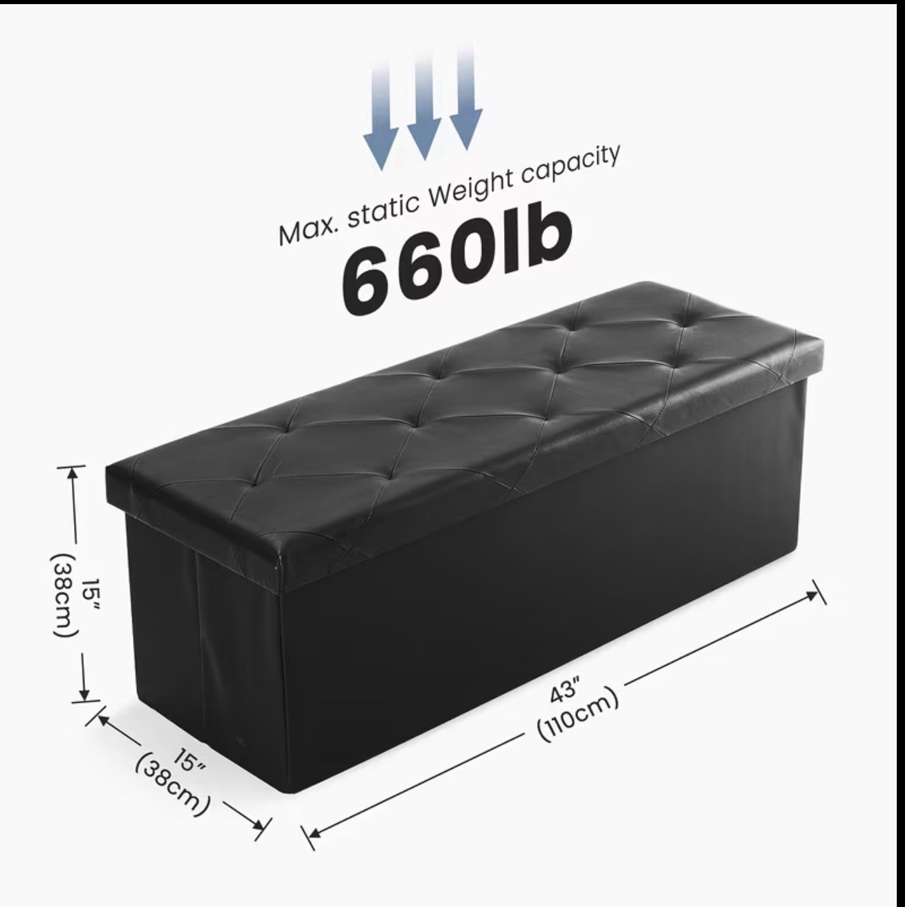 Sable 43 inch Folding Storage Ottoman, Black - ‎SA-HF007
