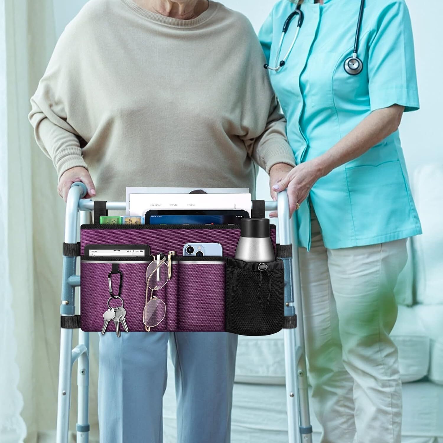 FINPAC Large Walker Tote Bag with Cup Holder Folding Walker Storage Basket Pouch