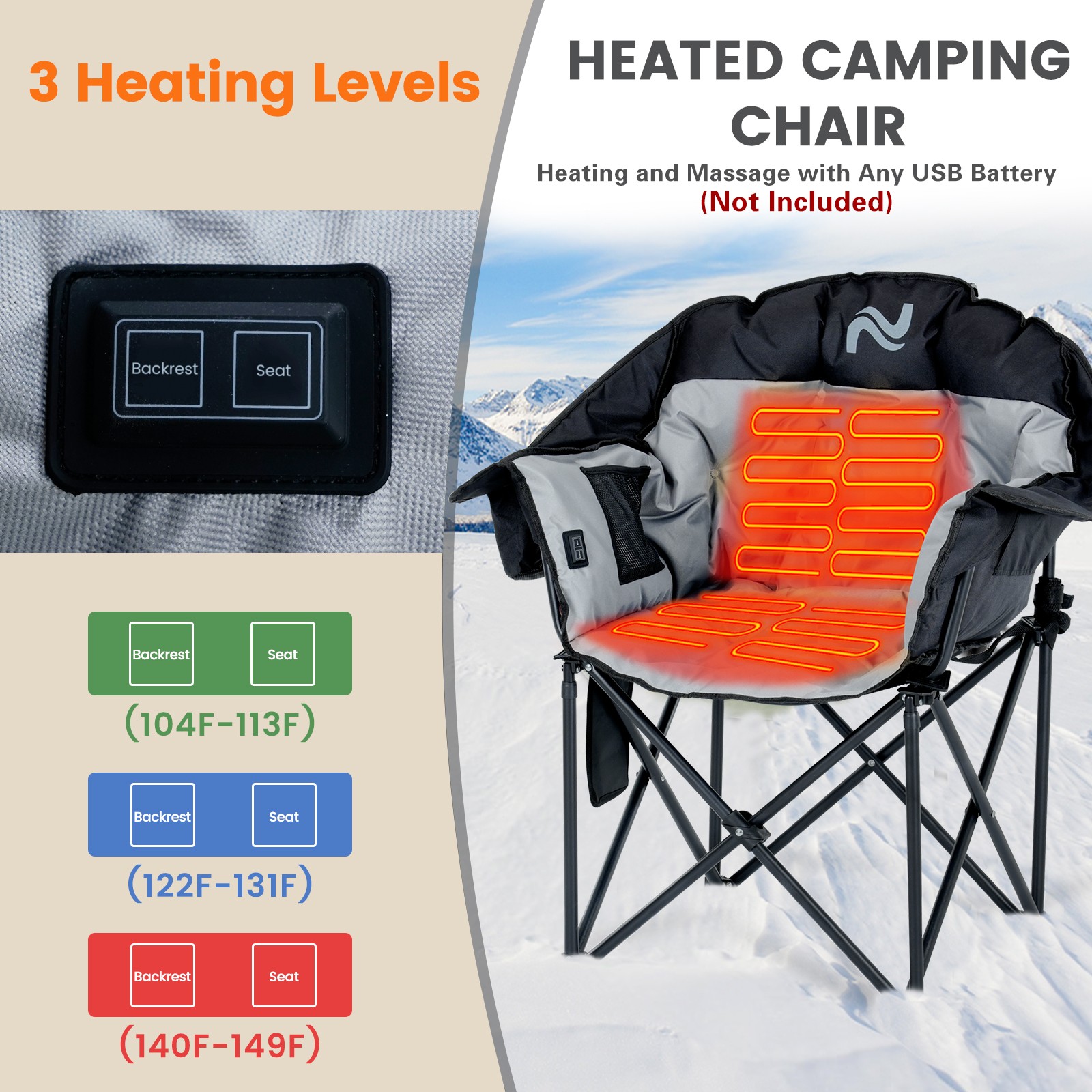 NAIZEA Heated Camping Chair Padded Patio Lounge Chairs 3 Heat Levels 20" W Seat