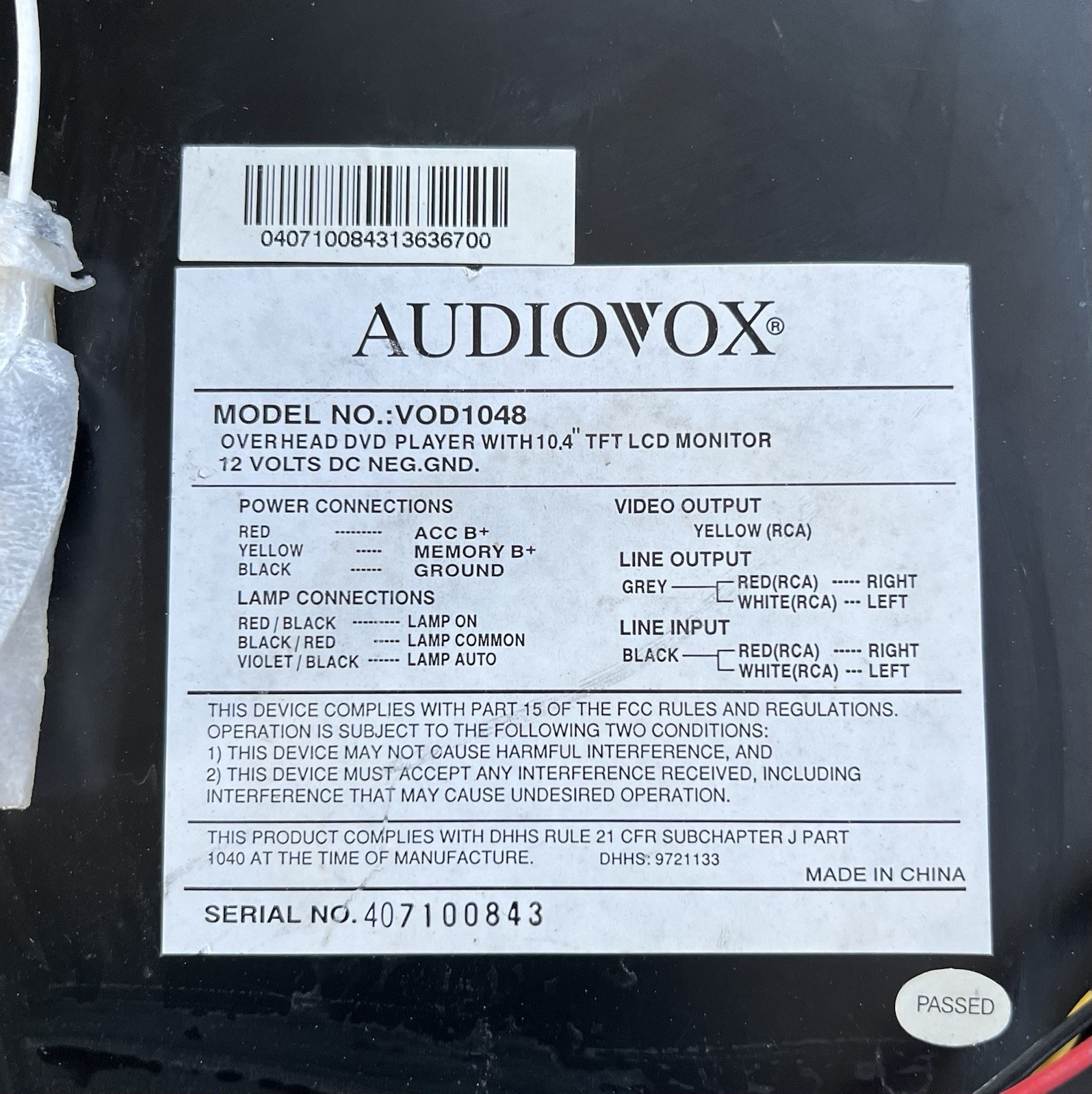 Audiovox VOD1048 10” Overhead Monitor And Dvd Player Universal