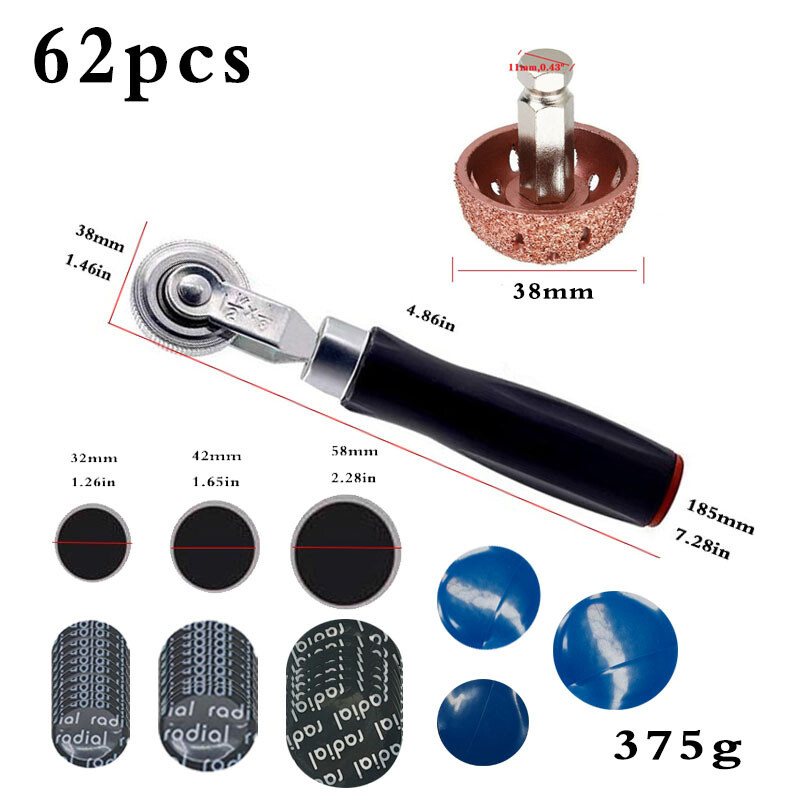 62pcs Tire Repair Patch Tool Kit Tire Repair Patch Roller Tool+Tire Buffer Wheel