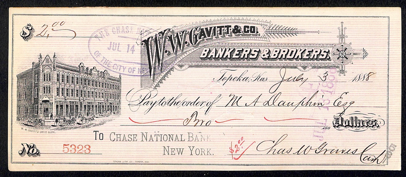 1888 W. W. Gavitt & Co. Bankers & Brokers Topeka, KS M.A. Dauphin Bank Check