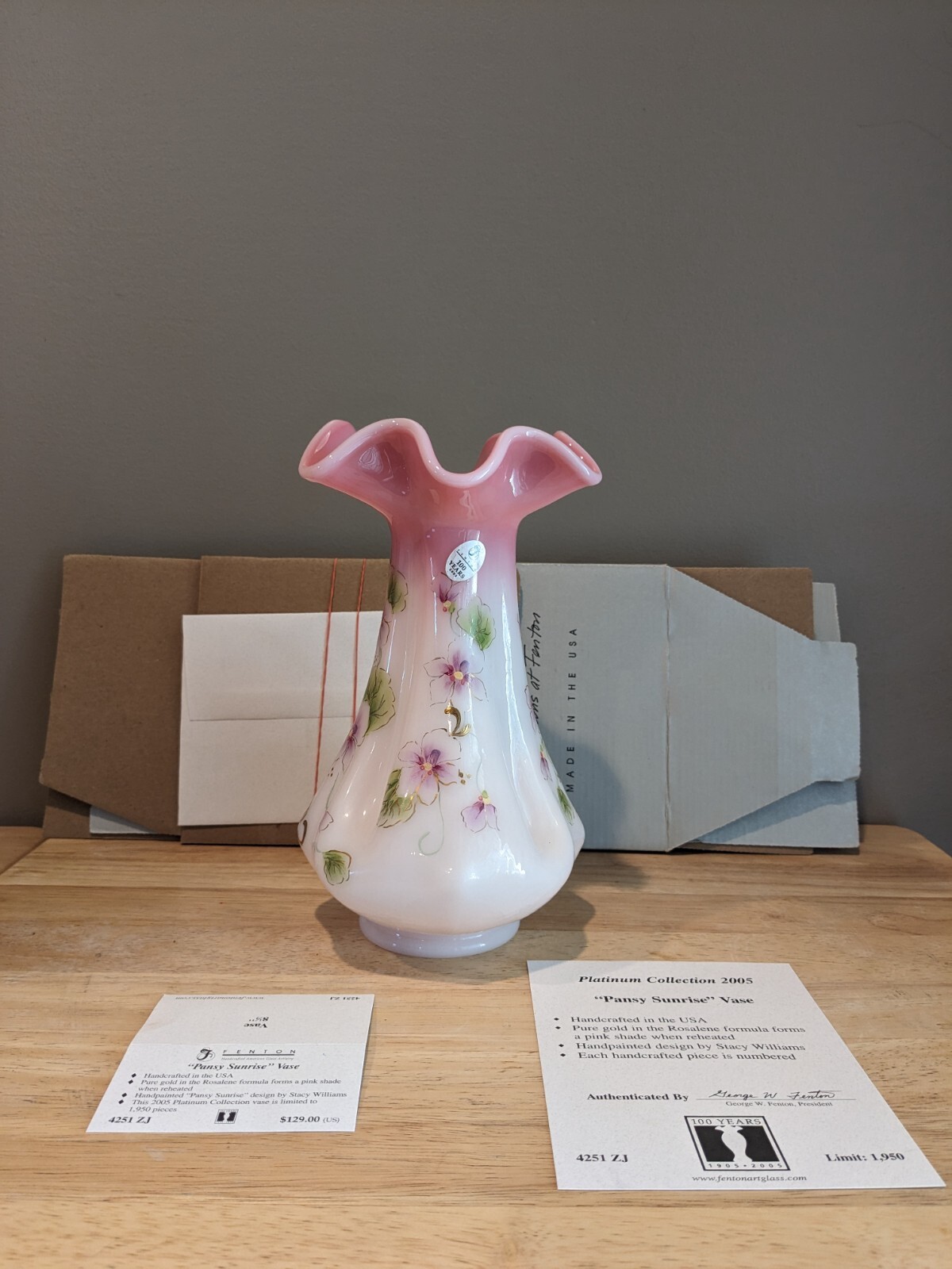 Fenton 2005 rosalene Pansy Sunrise vase LE Special Order