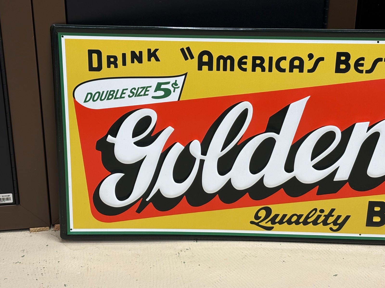 "GOLDEN AGE BEVERAGE" LARGE EMBOSSED METAL ADVERTISING SIGN (41"x 15") NICE