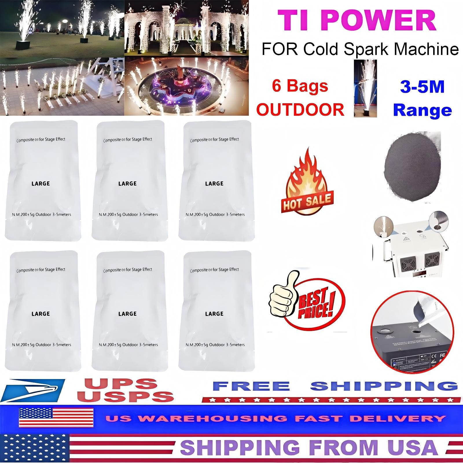 6Bags Cold Spark Machine Ti Powder 200g Bag 3-5M Range Stage EffectOutdoor 1.2kg