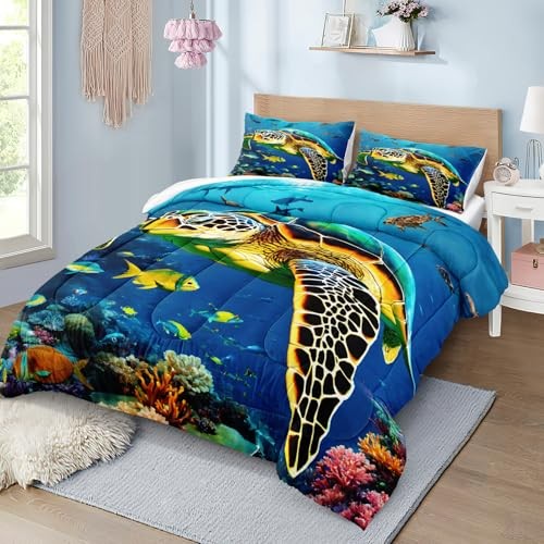 Ocean Turtle Comforter Set 4 Pcs Mediterranean Style Themed King Blue-06