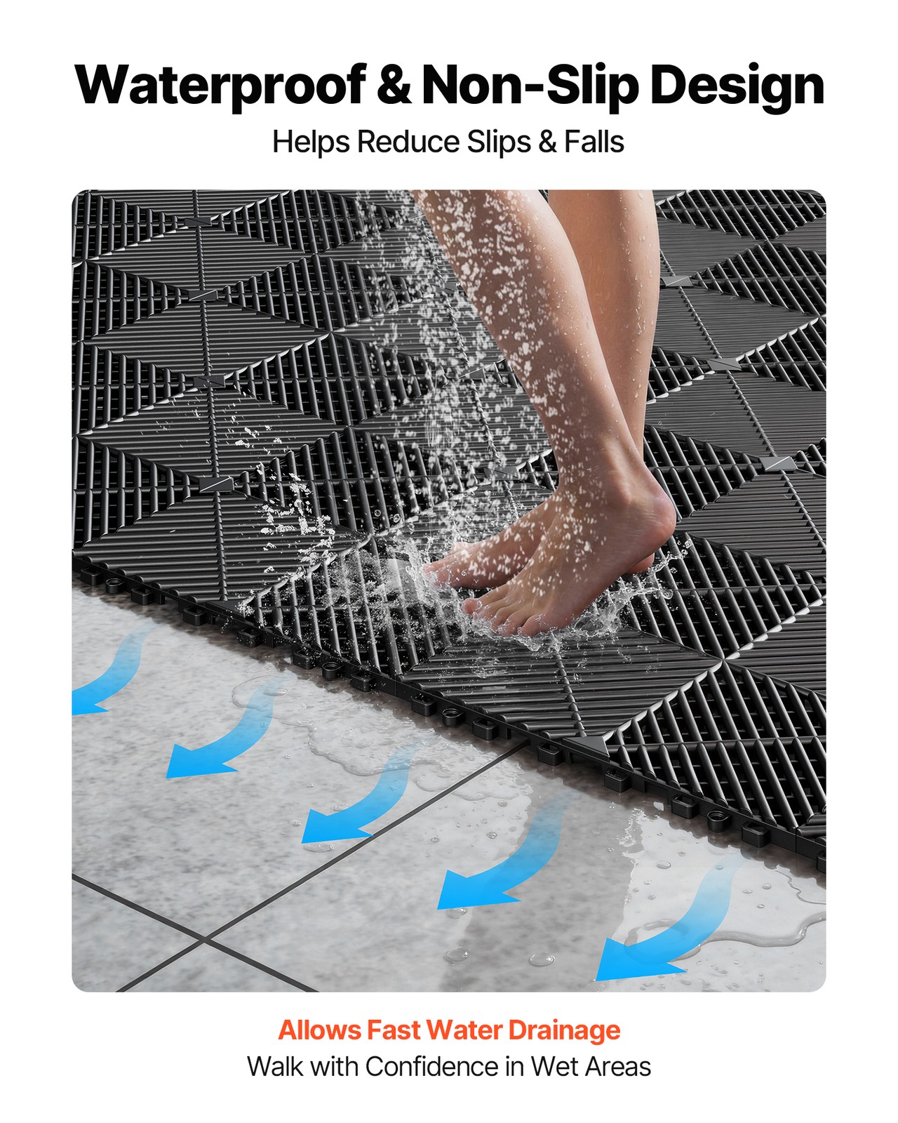 VEVOR Interlocking Drainage Mats 12" x 12" PP Garage Floor Tiles Black 50 Pack