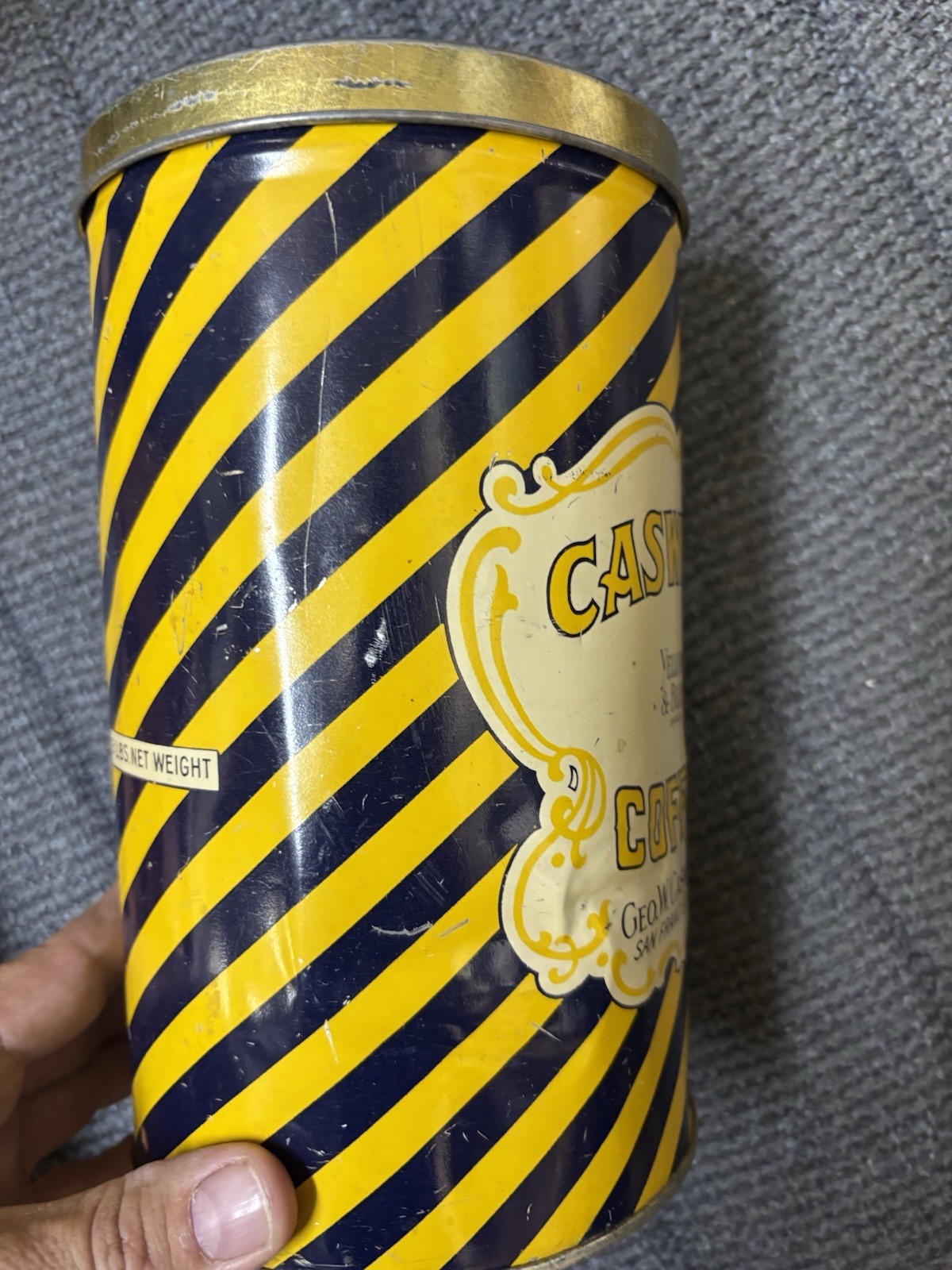 Vtg Caswells coffee 31lb coffee can tin yellow and blue brand advertising litho