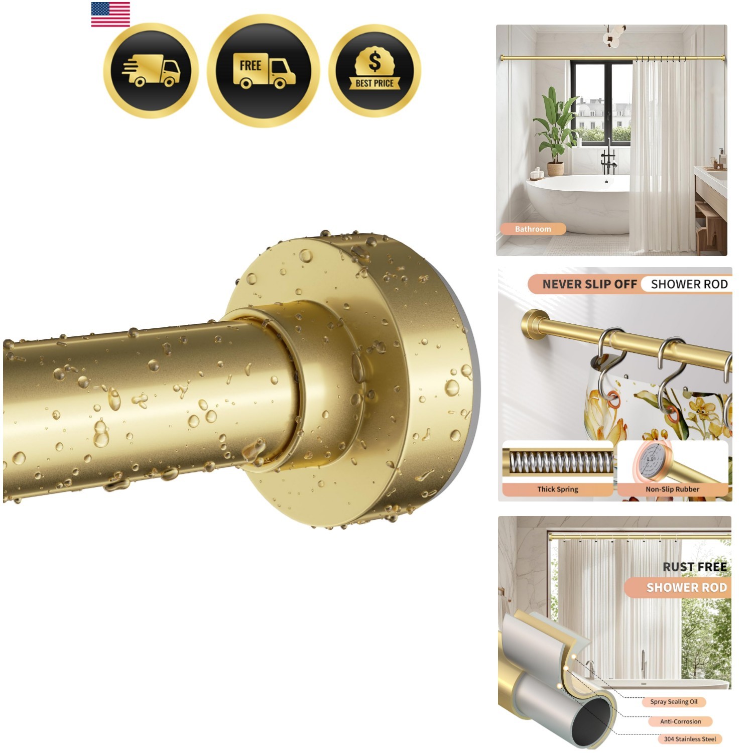 Gold Shower Curtain Rod 34-66 Inches2.8-5.5ft Never Rust Adjustable Shower Ro...