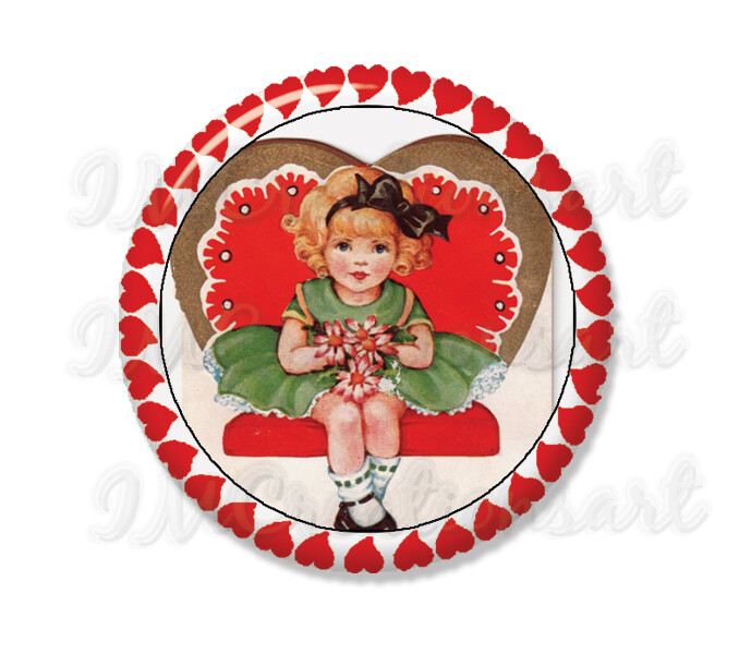 Sweet Retro Valentine's Day Girl Pocket Mirror, Magnet, or Pin 2.25"