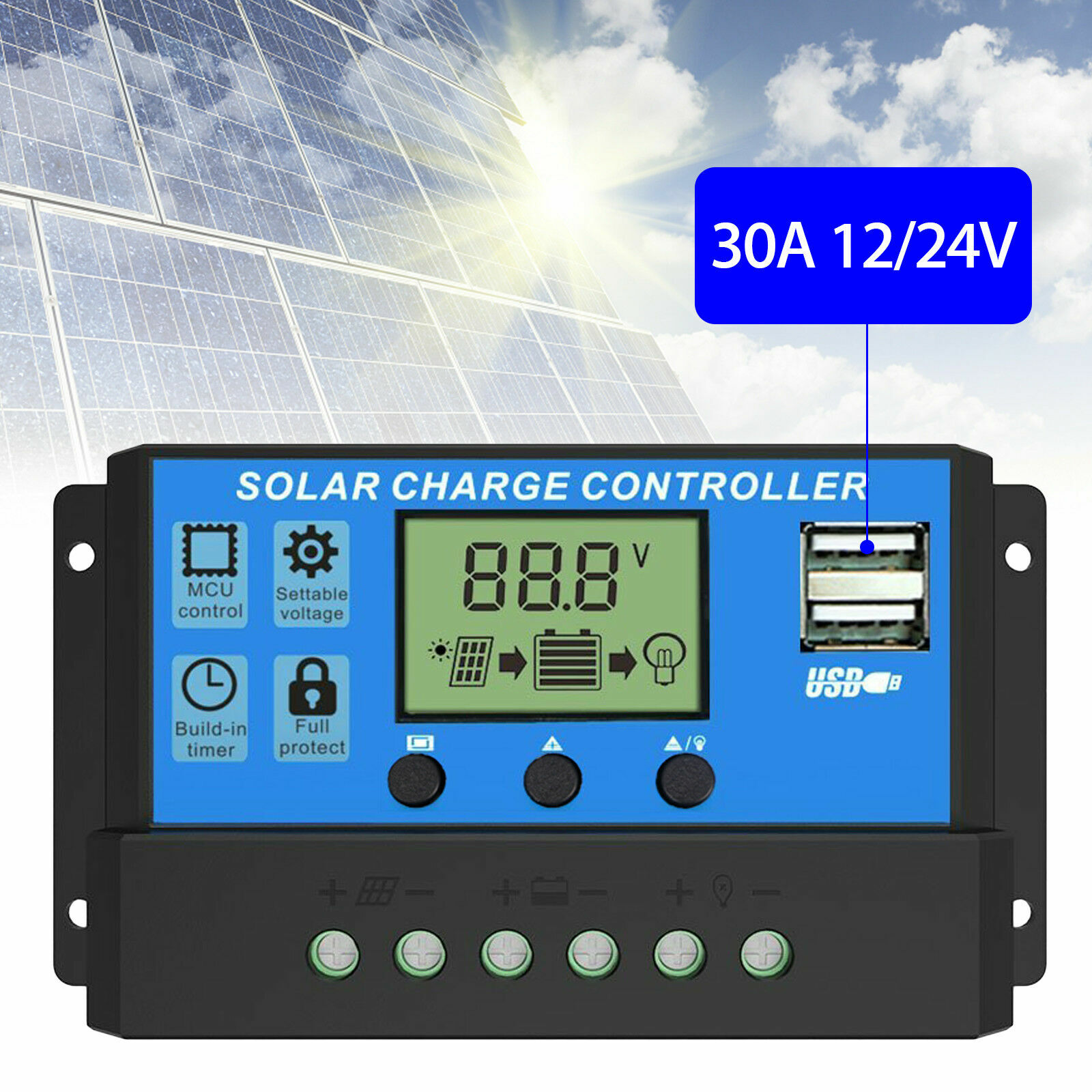 30A Solar Panel Battery Charge Controller 12V/24V LCD Regulator Auto Dual USB US