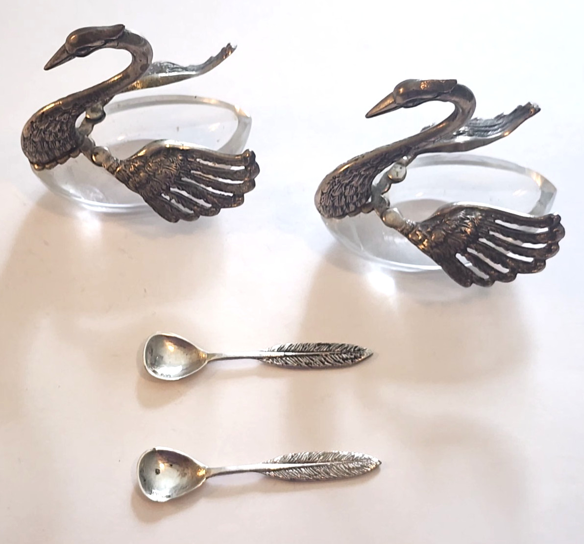 PAIR of .800 SILVER & CRYSTAL SWAN SALT CELLARS with .800 SILVER SPOONS STERLING
