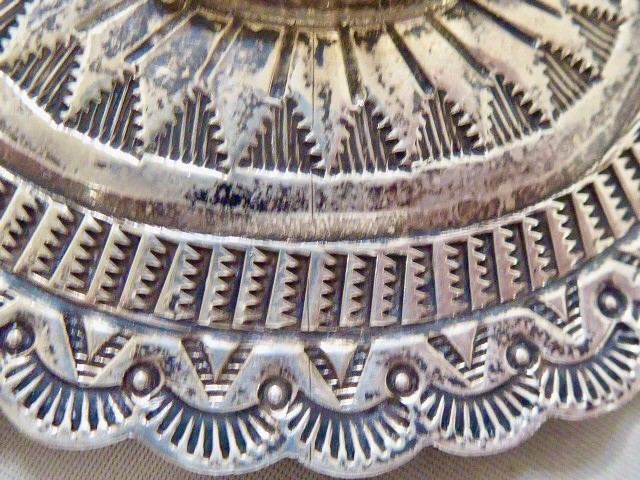 EARLY HAND STAMPED SIGNED NAVAJO STERLING SILVER SPIDER WEB TURQUOISE CONCHO