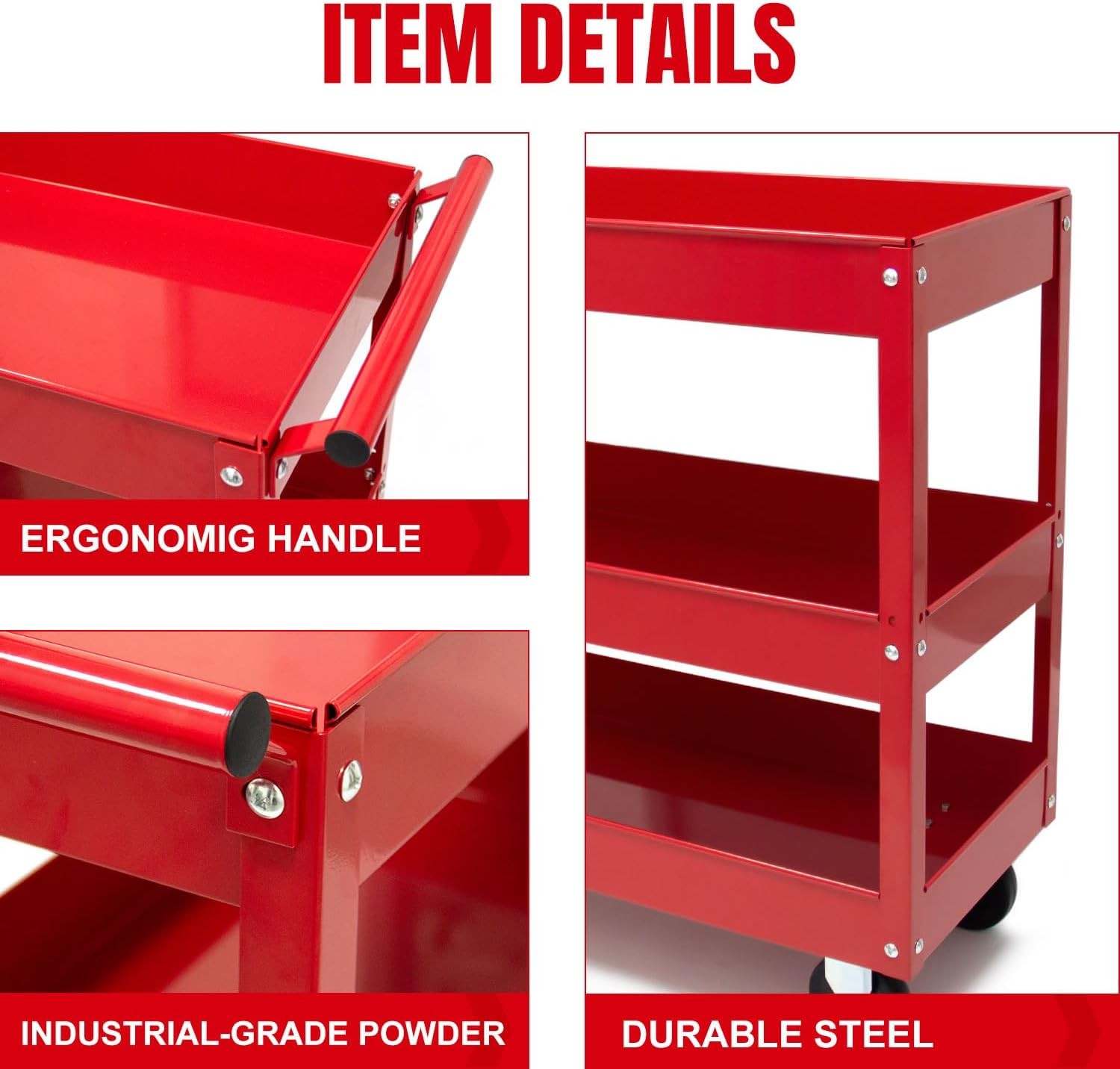 Torin Service Utility Cart Heavy Duty 3 Shelf Tier, 400 lbs Rolling Trolley