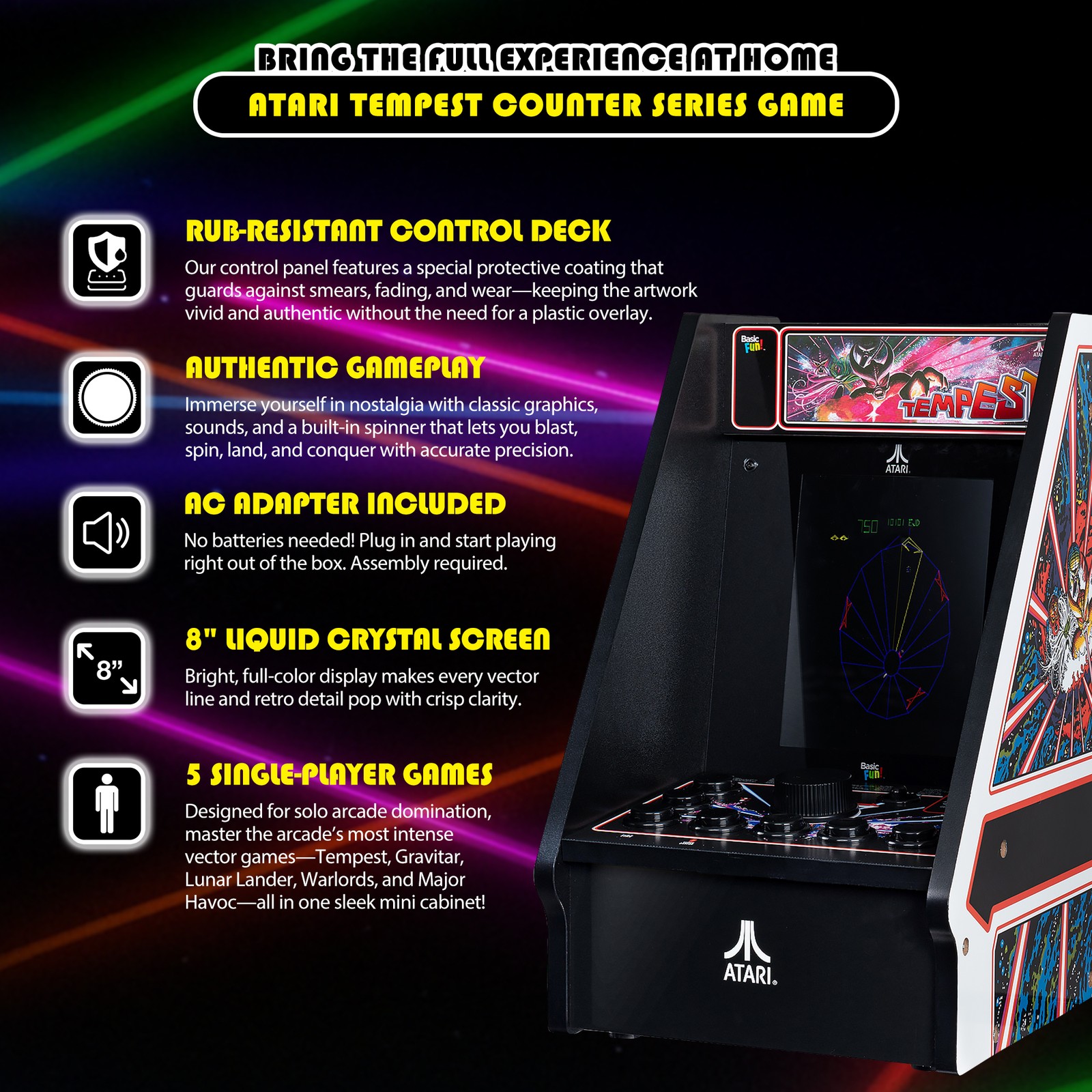 Arcade Classics Atari Tempest Counter Series Arcade Game with 8 Inch Screen