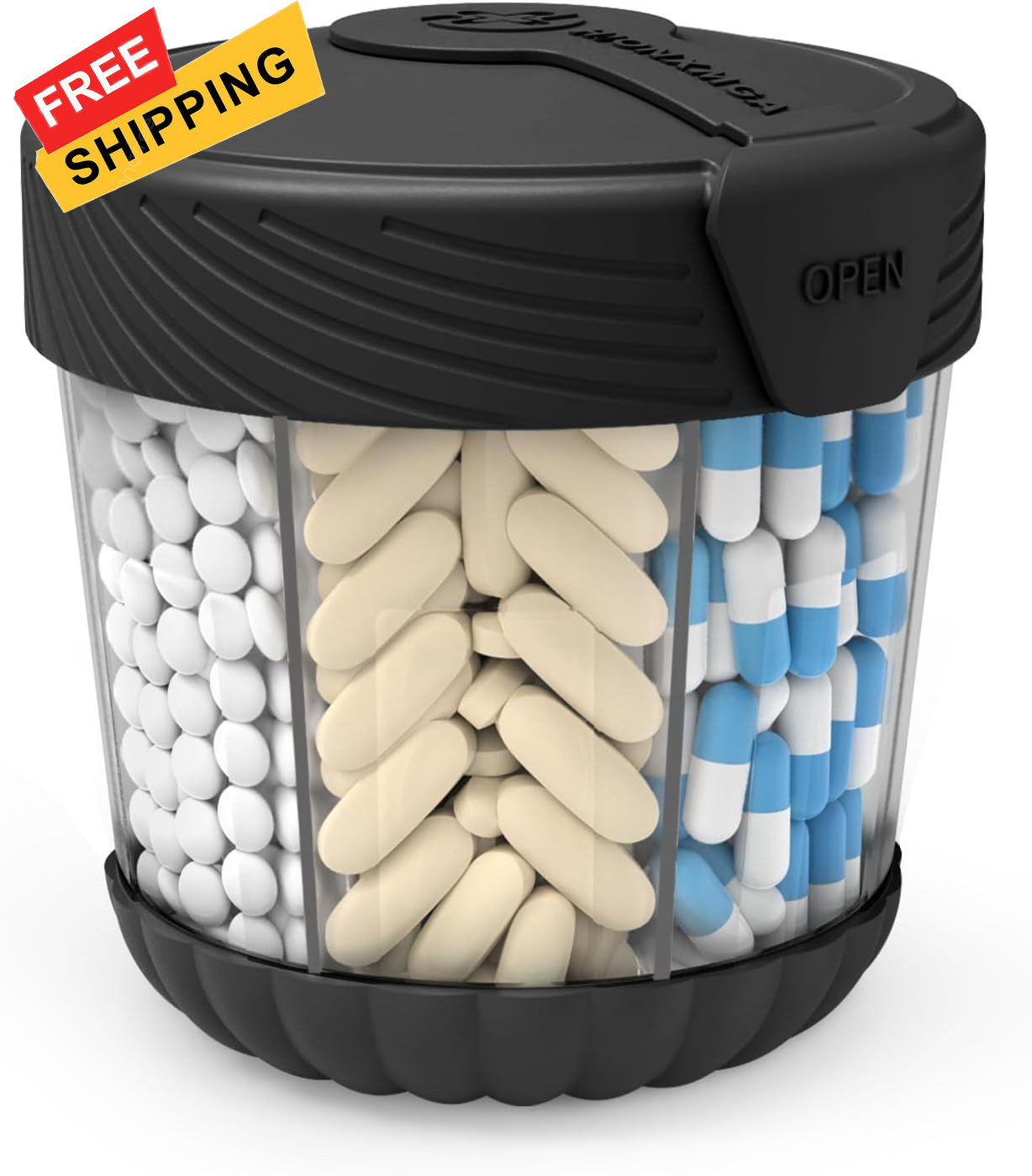 Large Pill Dispenser with 7 Compartments, Portable Bottle Black