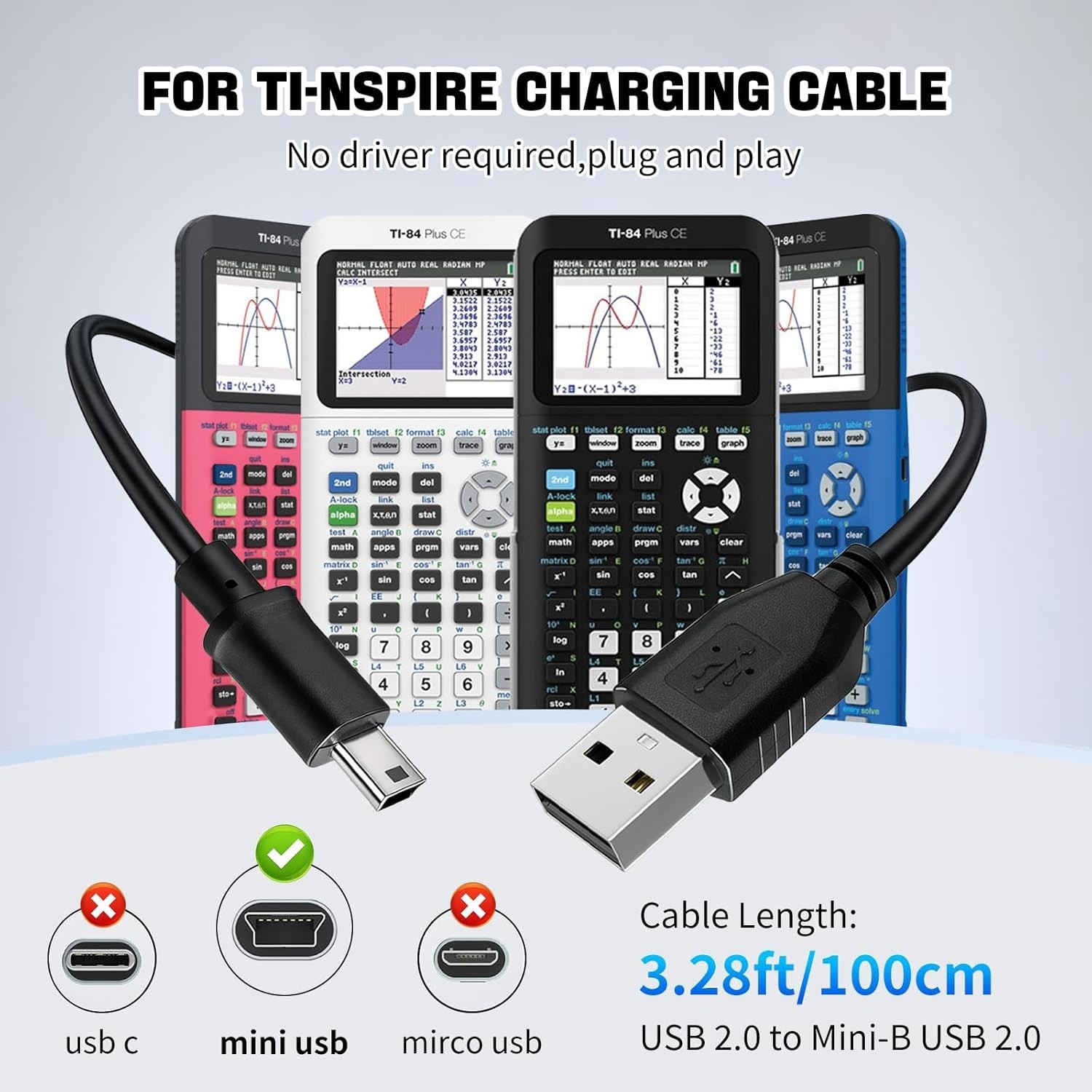 Ti-84 Plus ce Charger, ti84 Charger Cable for Texas Instruments Black