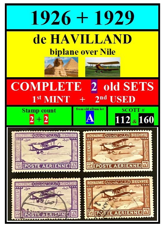 EGYPT stamps-1926+1929-DE HAVILLAND-1st set MINT+2nd set USED-A-SCOTT# 112+160