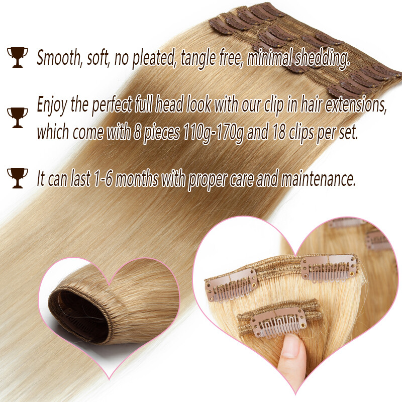 Thick Double Weft Clip In Real Remy Human Hair Extensions Full Head Highlight US