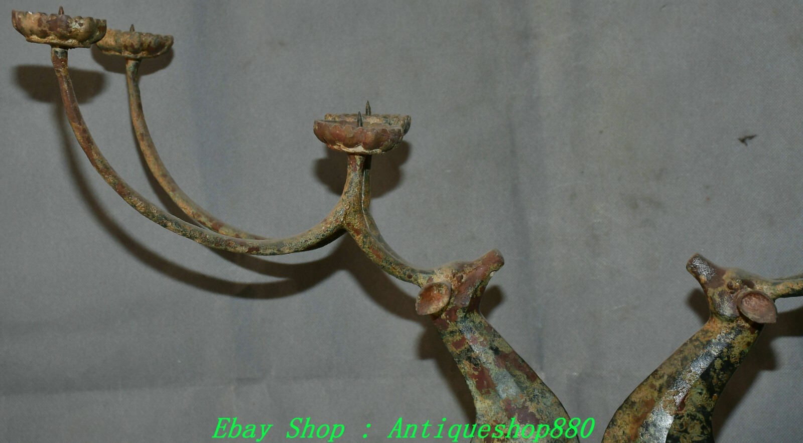 20.8'' Old China Dynasty Bronze Ware Deer Candle Holder Candlestick Statue Pair