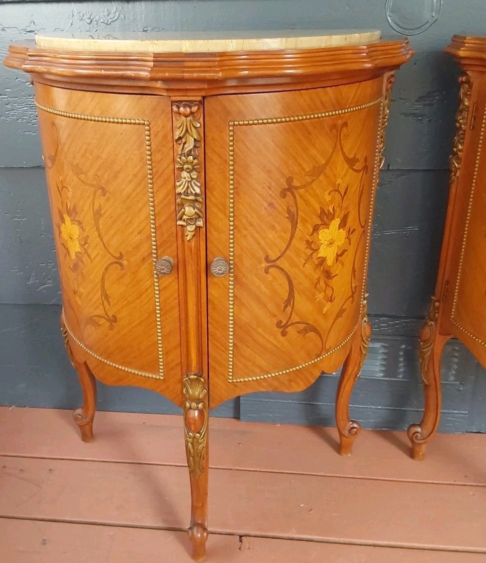 Vintage French Demilune Inlayed Wood End Tables w/Marble Tops 30 Tall X 23" Wide