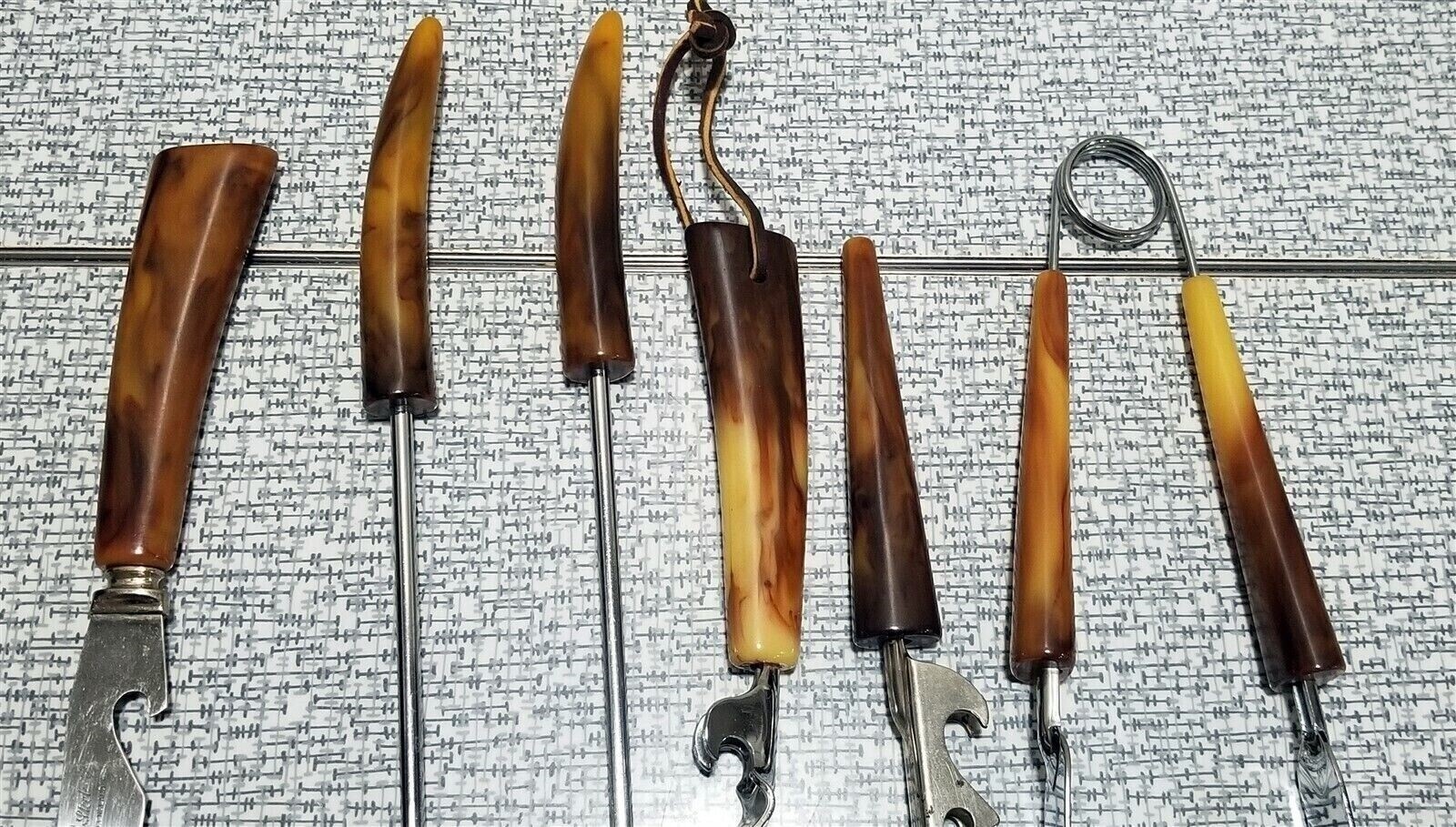 Vintage SET of 6 Barware UTENSILS Bar Tools Marbled BAKELITE HANDLES Sheffield