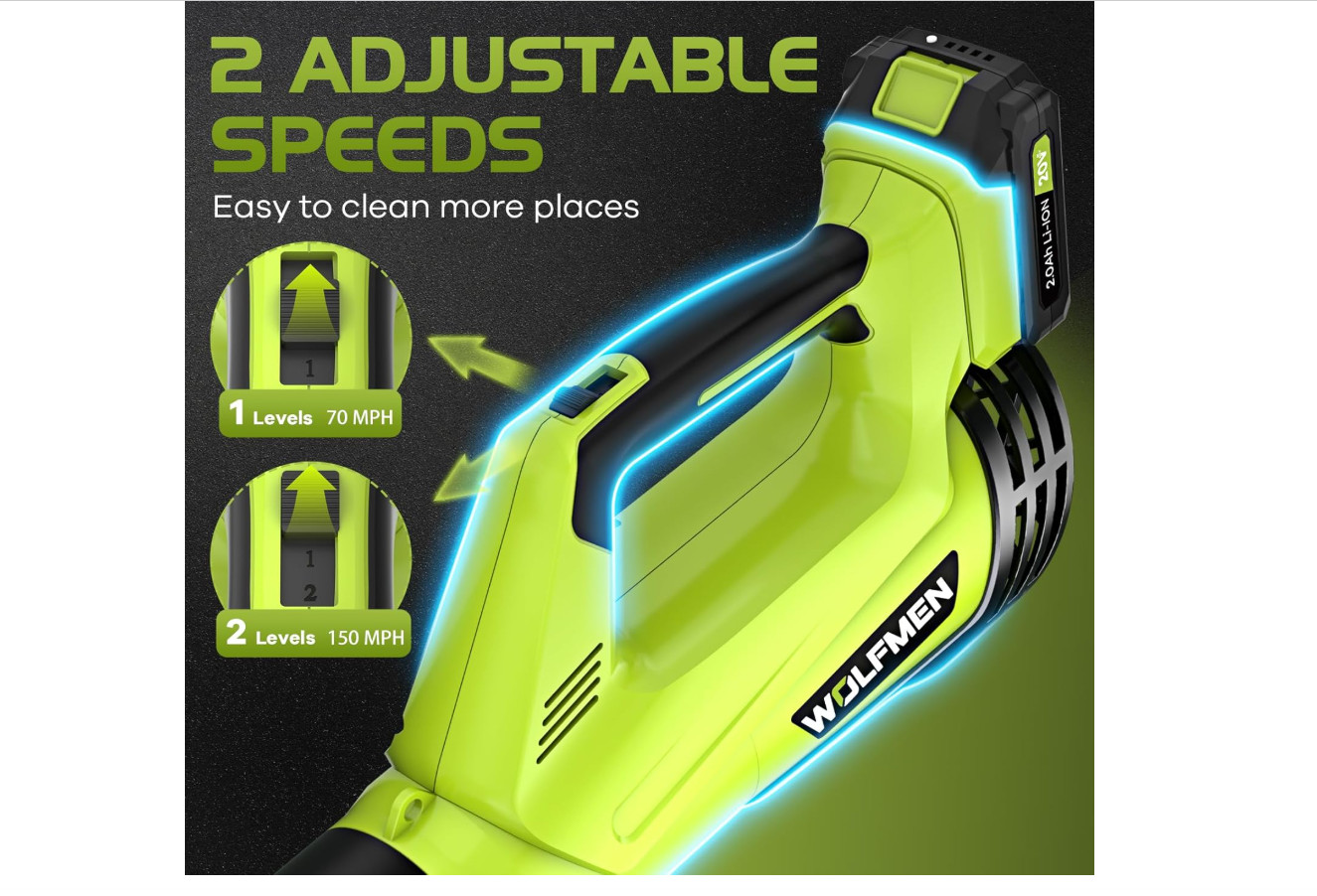 Leaf Blower, Electric Cordless Blower with 2 Batteries and A-Green