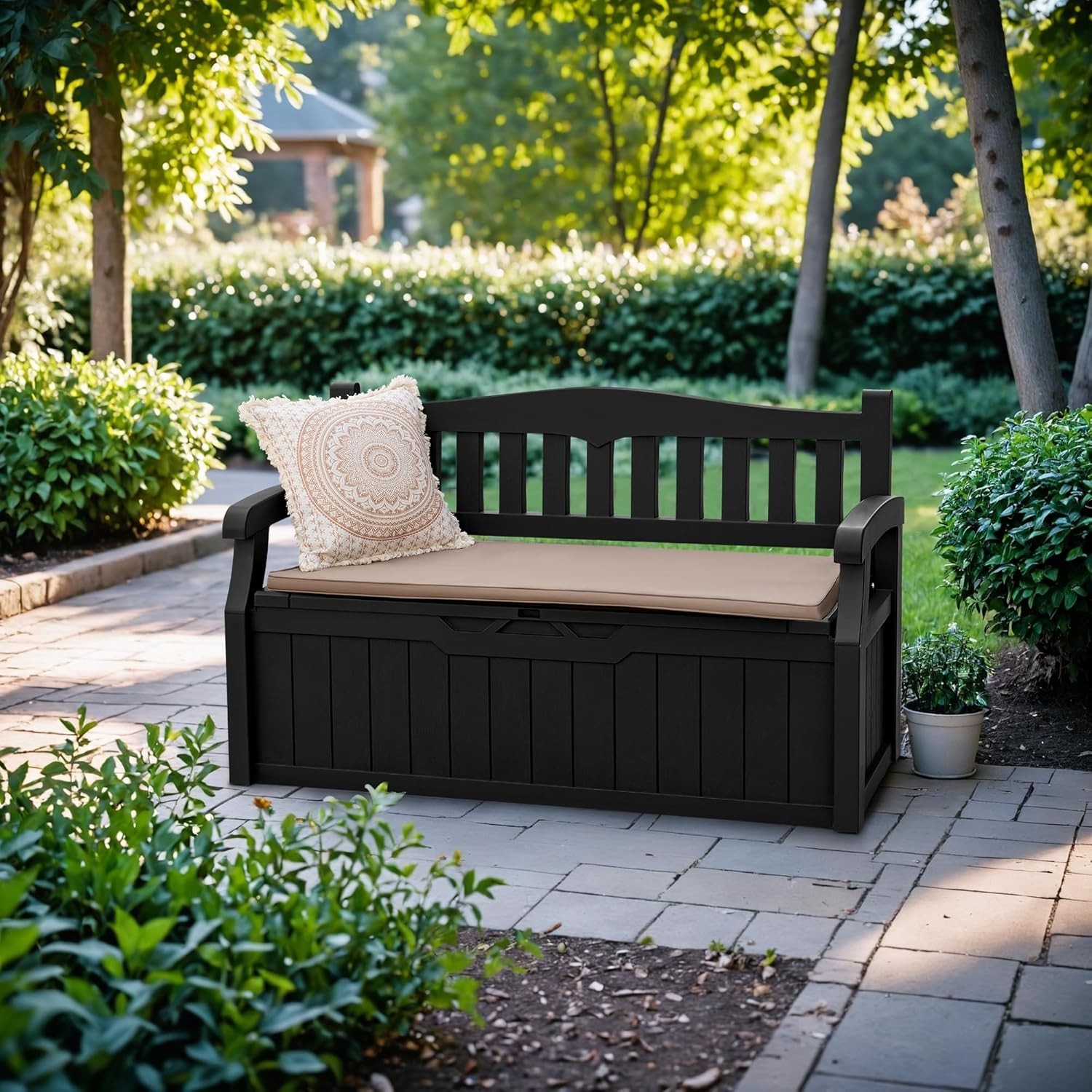 80 Gallon Lockable Storage Bench Outdoor Patio Furniture Garden Tool Box Black