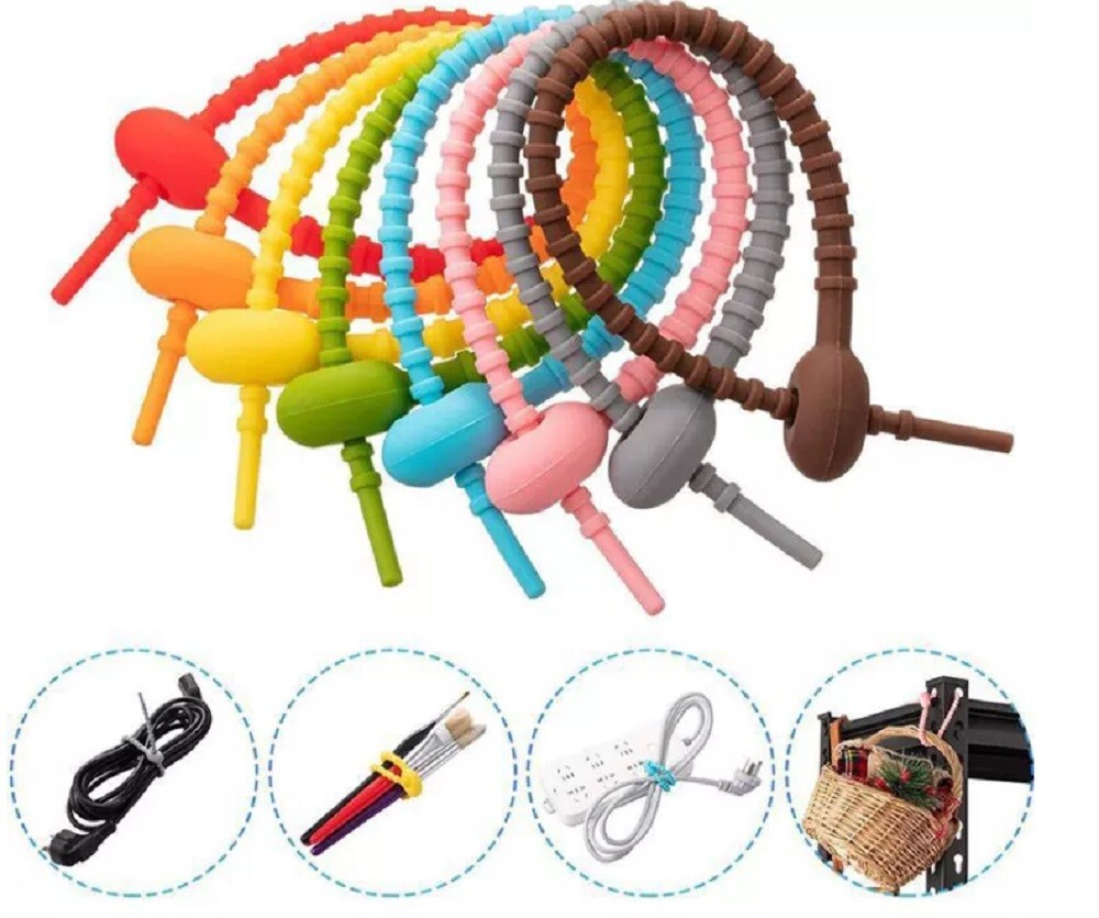 24Pc Reusable Silicone Cable Ties Rubber Twist Ties for Wires Cords USB Charger