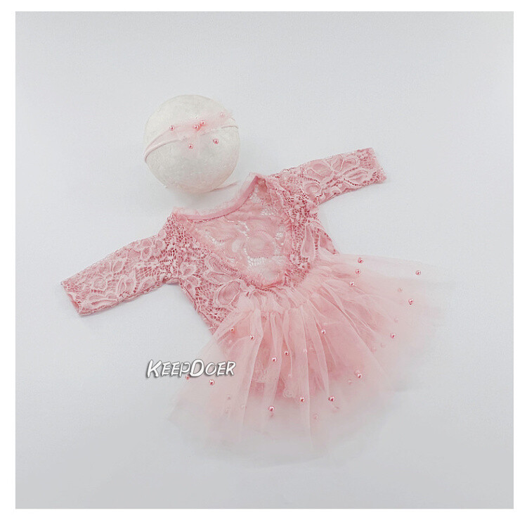 Newborn Baby Girl Lace Pearl Dress Skirt Headband Photography Props Photo Shoot