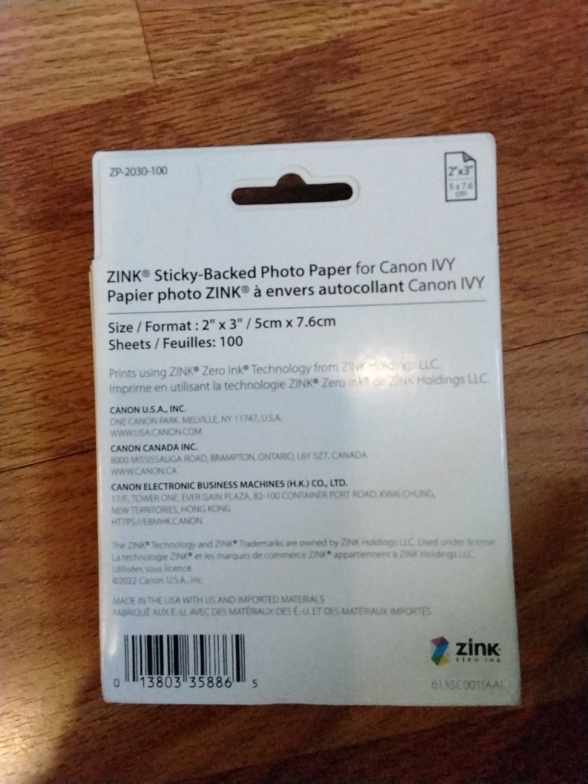 Canon Ivy Zink 2" x 3" Photo Sticker Paper 100 Sheets Pack