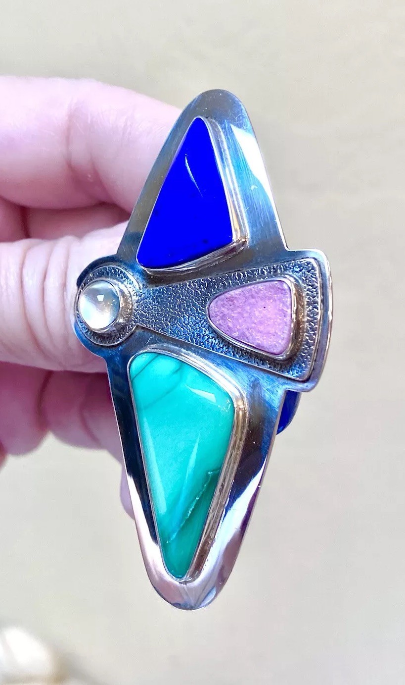 LOVELY Designer Signed Sterling Silver Lapis, Pink Druzy, Moonstone Angel Brooch