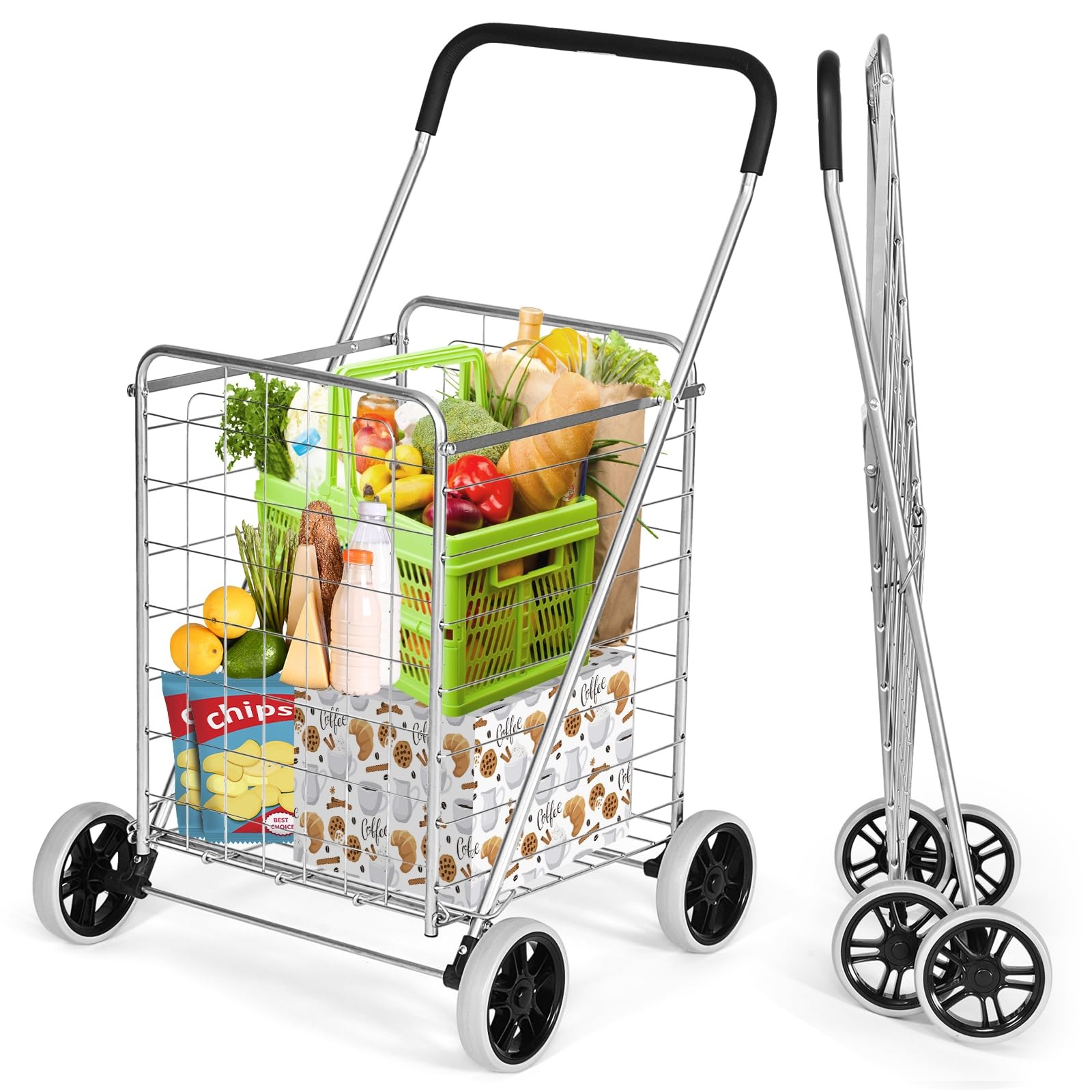 Foldable Heavy Duty Utility Cart Large Wheels Lightweight for Grocery Laundry