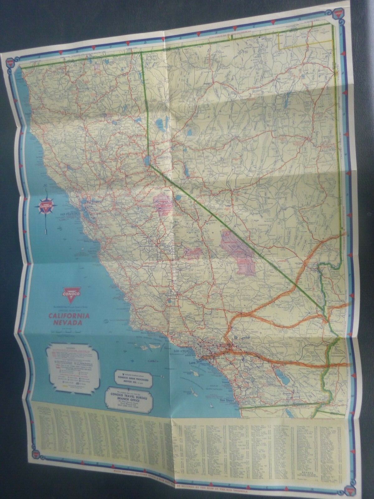 1935 California Nevada road map Conoco oil gas route 66
