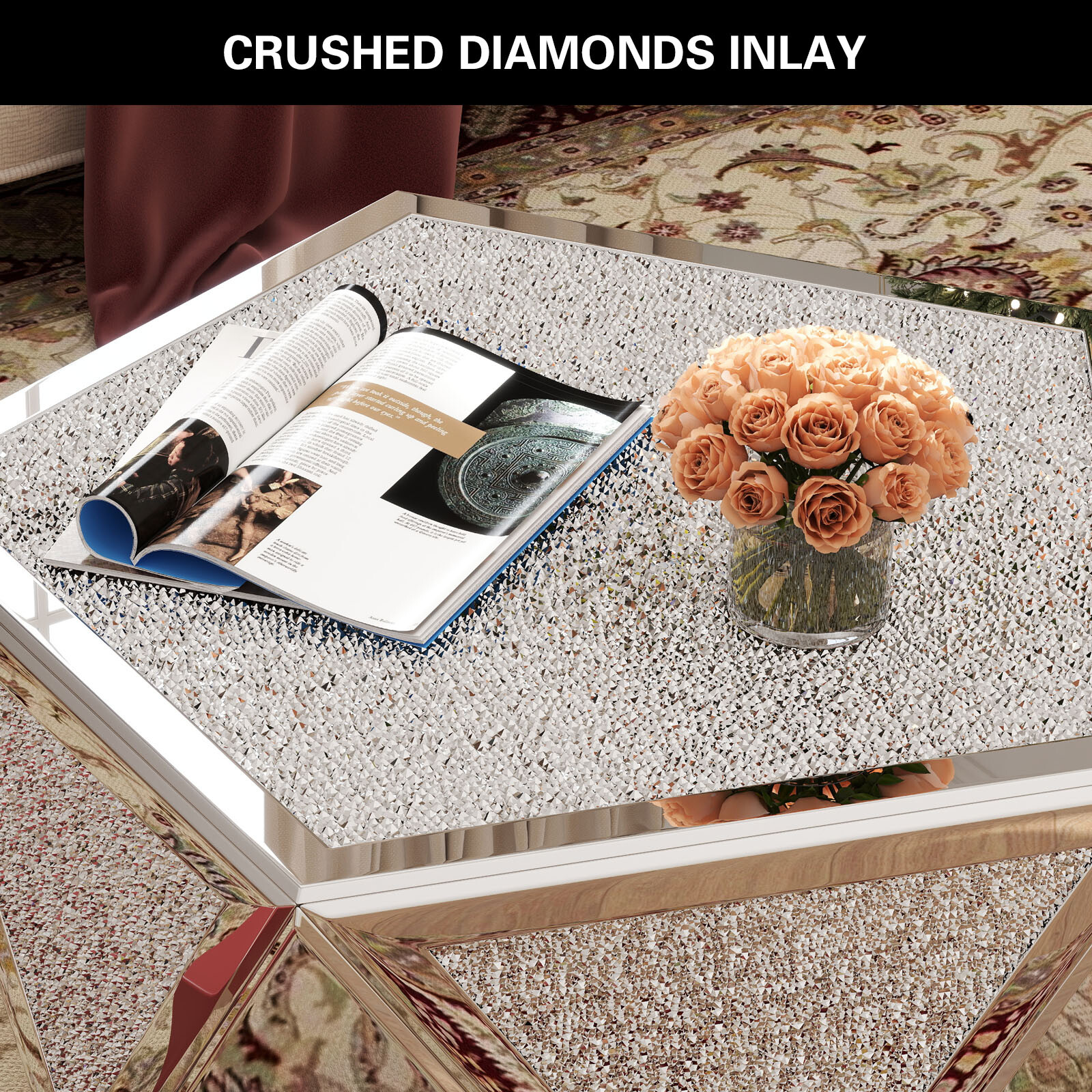 Silver Pentagonal Mirrored Coffee Table Side Table with Crushed Diamond Tabletop