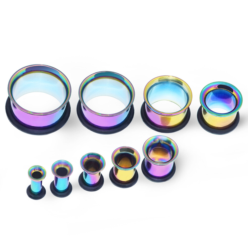PAIR STAINLESS STEEL FLESH TUNNELS SINGLE FLARED EAR GAUGES PLUGS W/O-RINGS