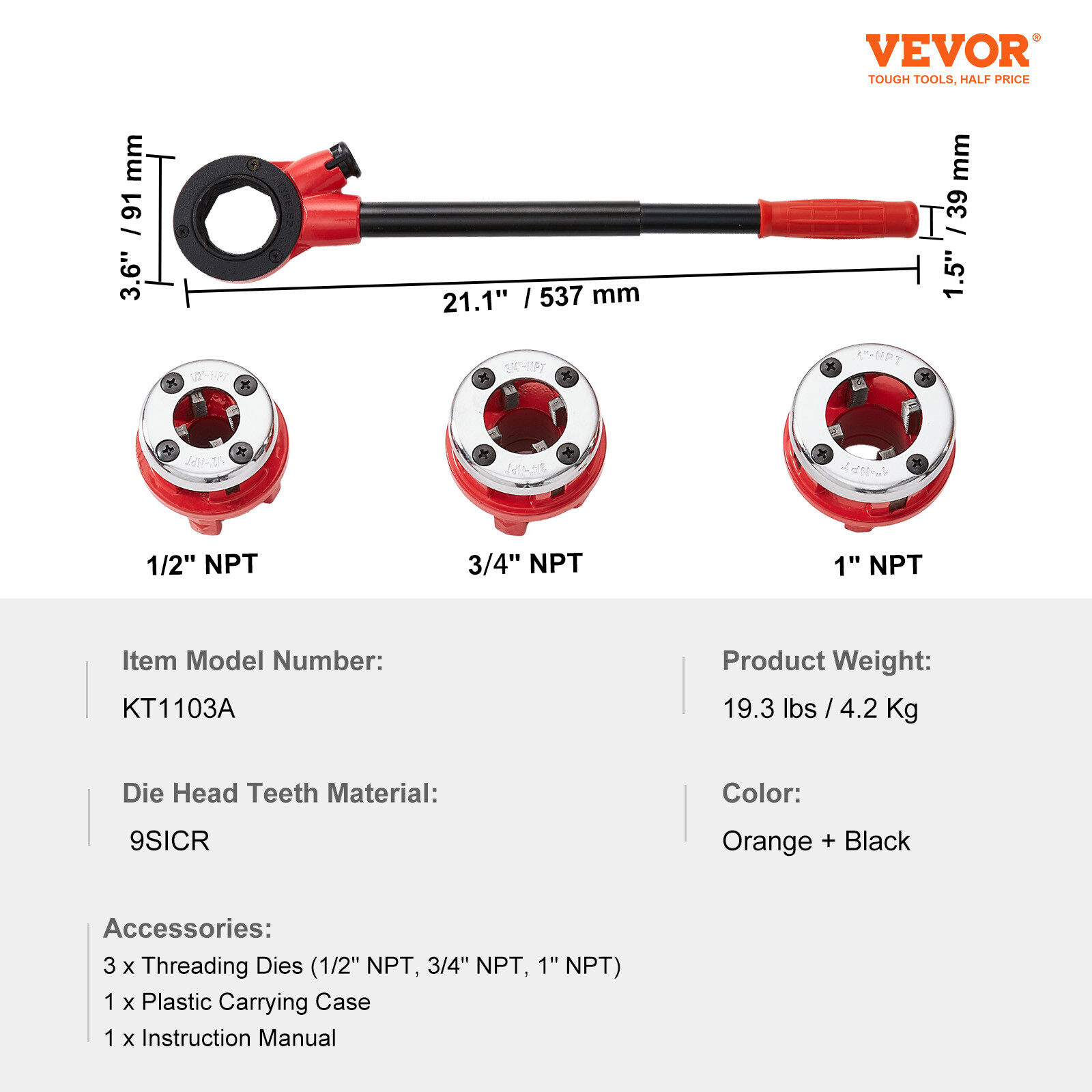 VEVOR Ratchet Pipe Threader Kit Pipe Threading Tool 1/2" NPT, 3/4" NPT, 1" NPT