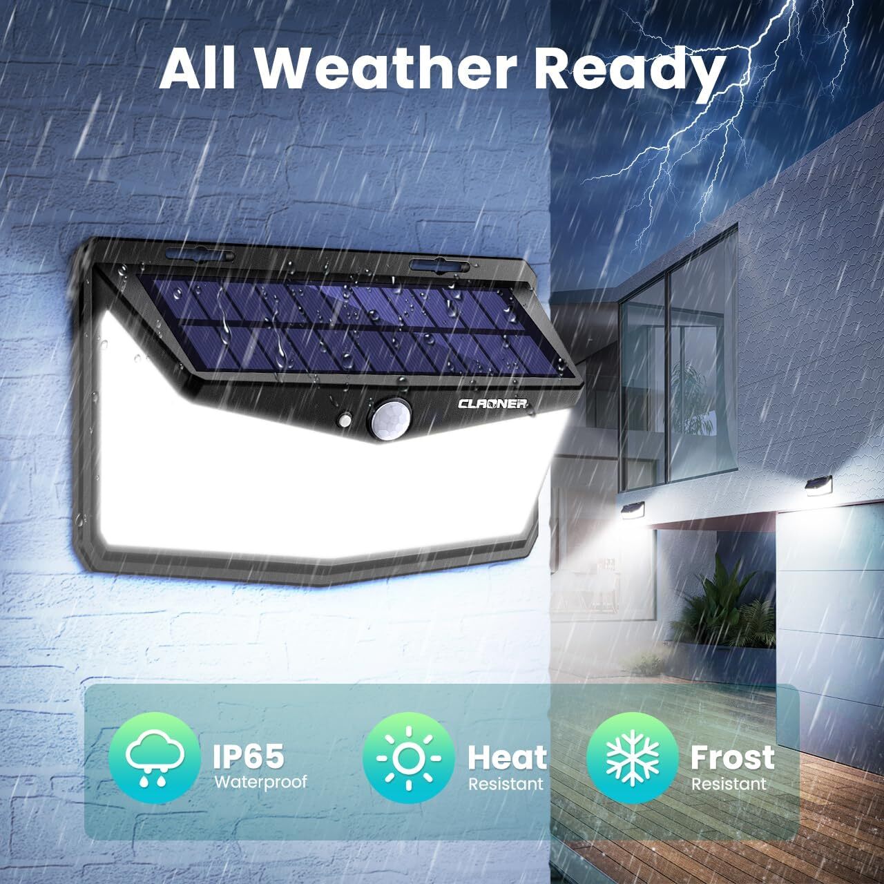 CLAONER 310 LED Solar Power Light PIR Motion Sensor Outdoor Garden Security Lamp