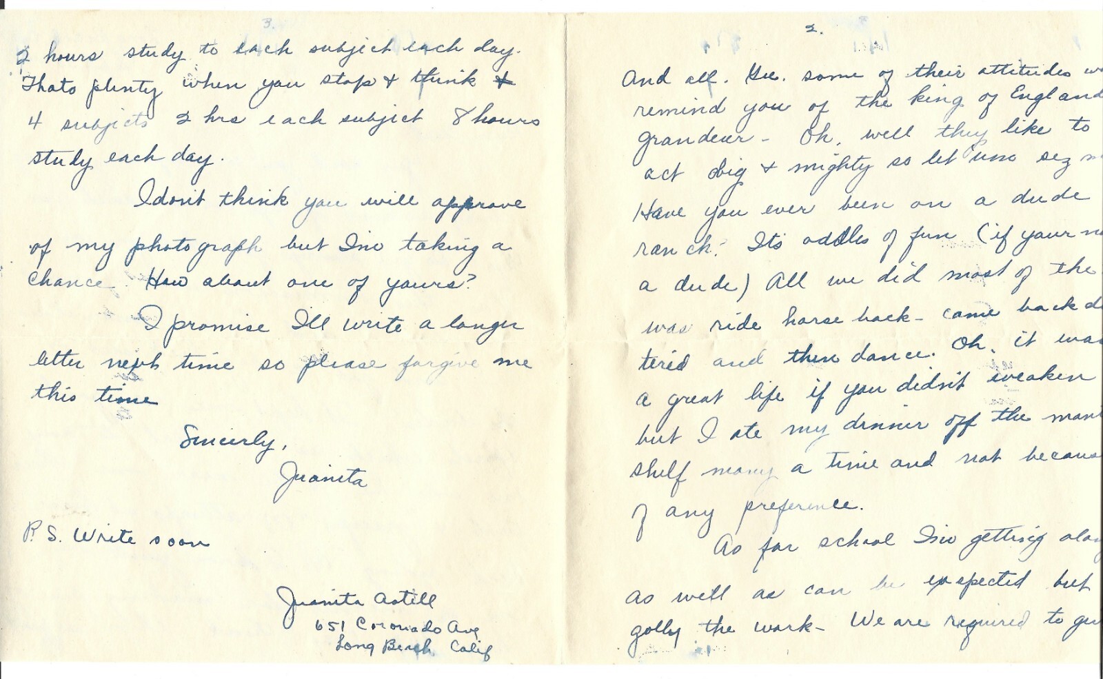 2 Vintage 1931 Pen Pal Letters Correspondence from JUANITA ASTILL in Long Beach