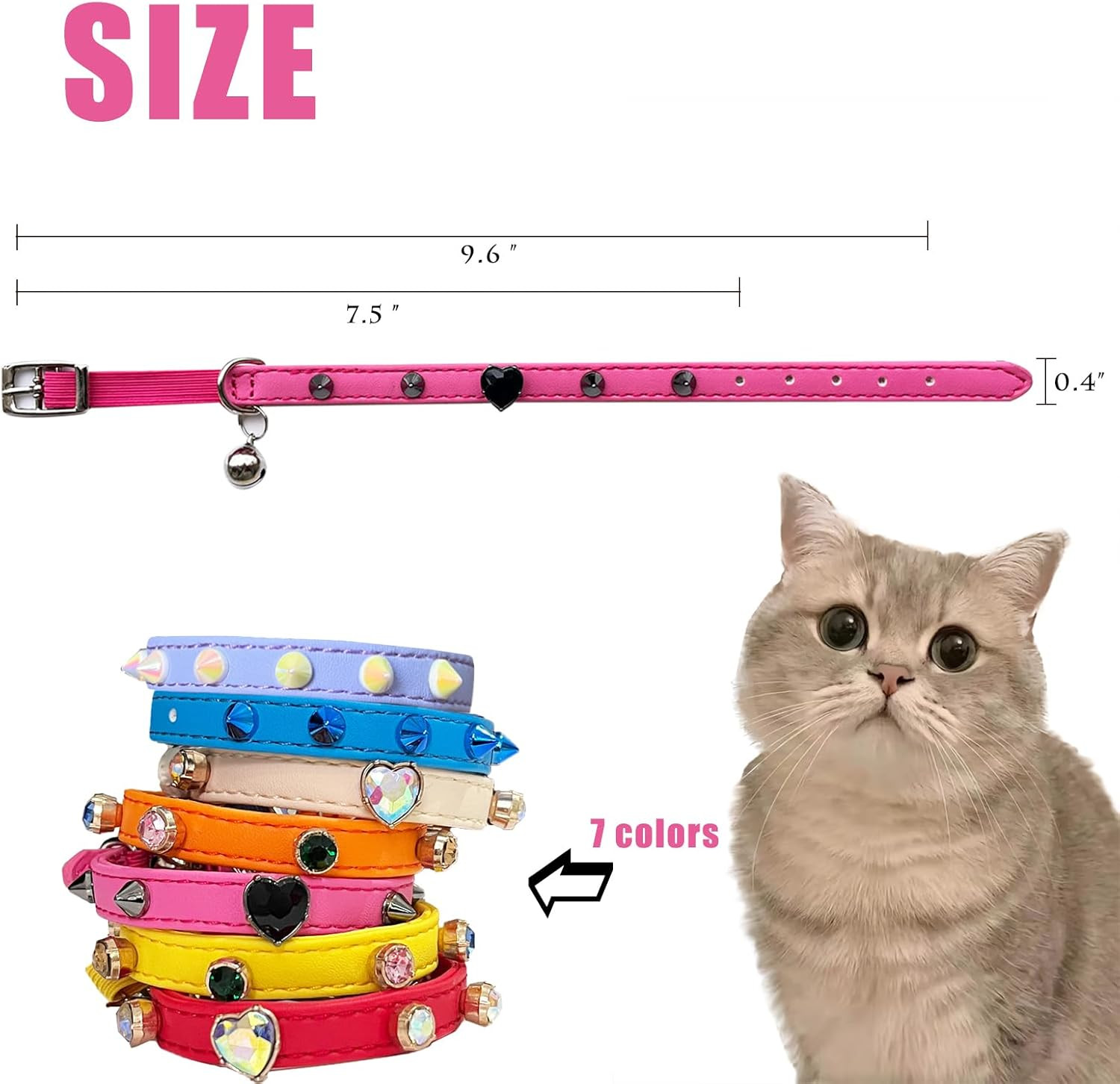 Spiked Cat Collar with Bell and Safety Belt, PU Leather Kitten Collar with Heart